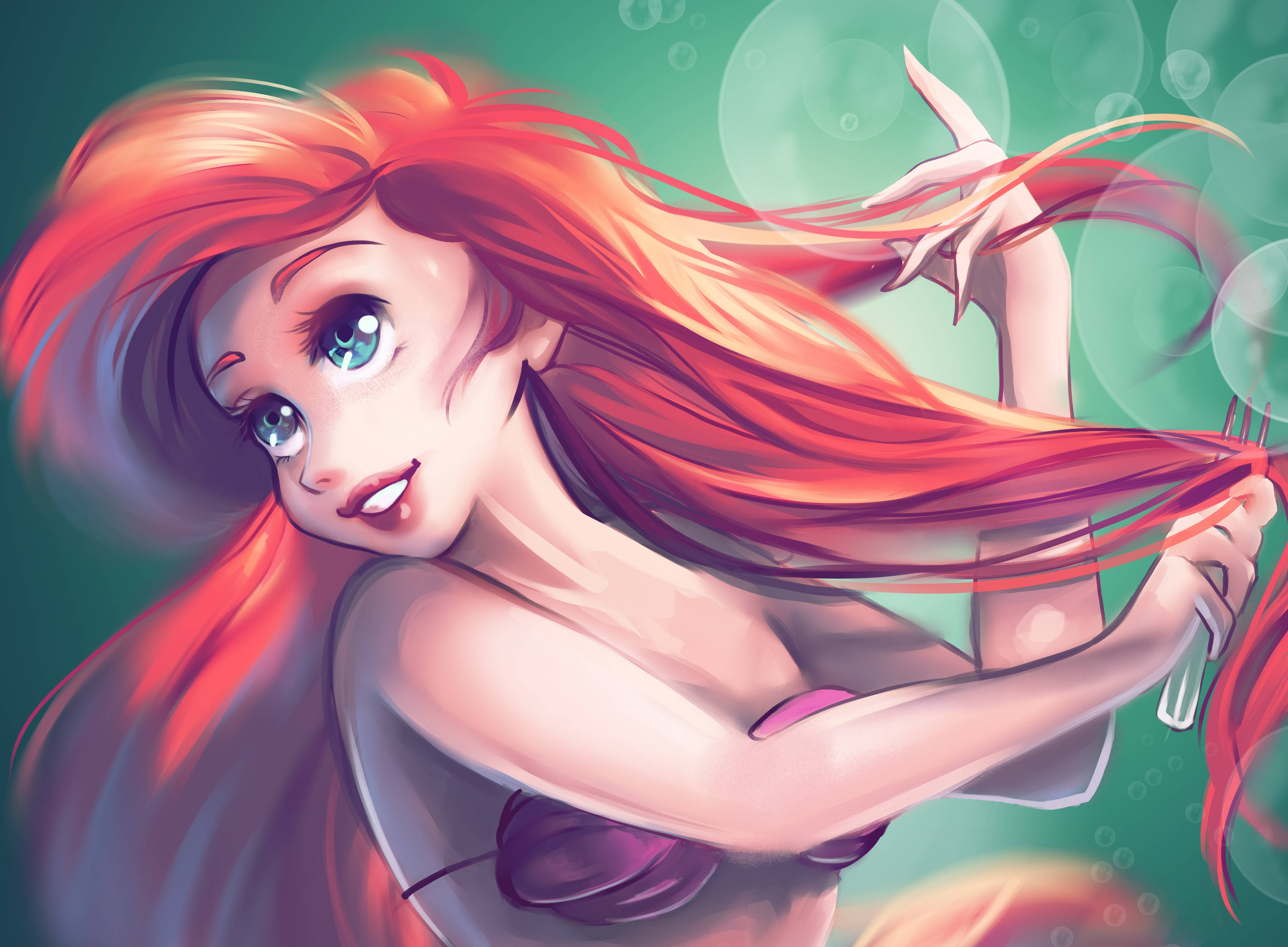 Ariel, fiery red hair, blue eyes, 2K Desktop Wallpaper