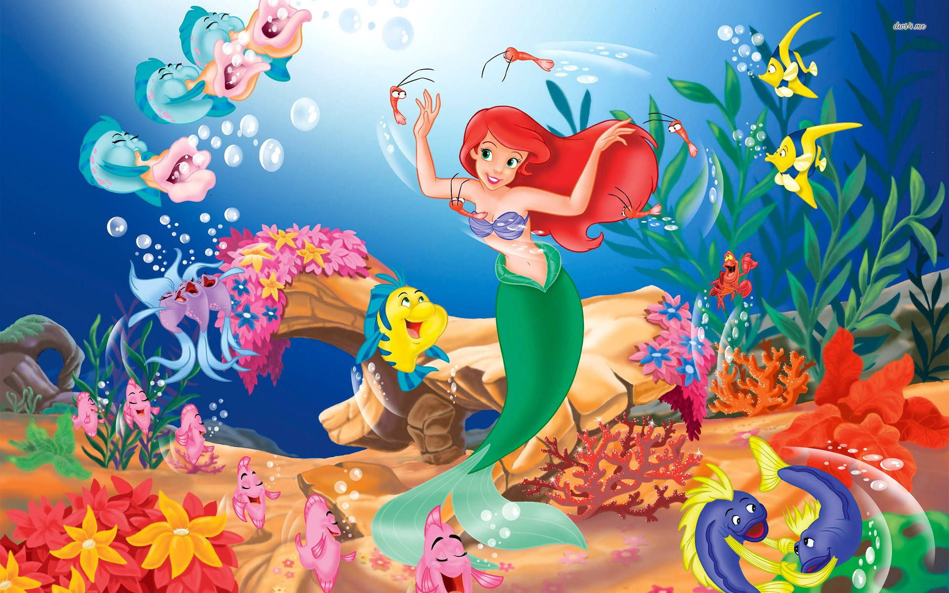 Ariel, red hair, green tail, Full HD Desktop Wallpaper