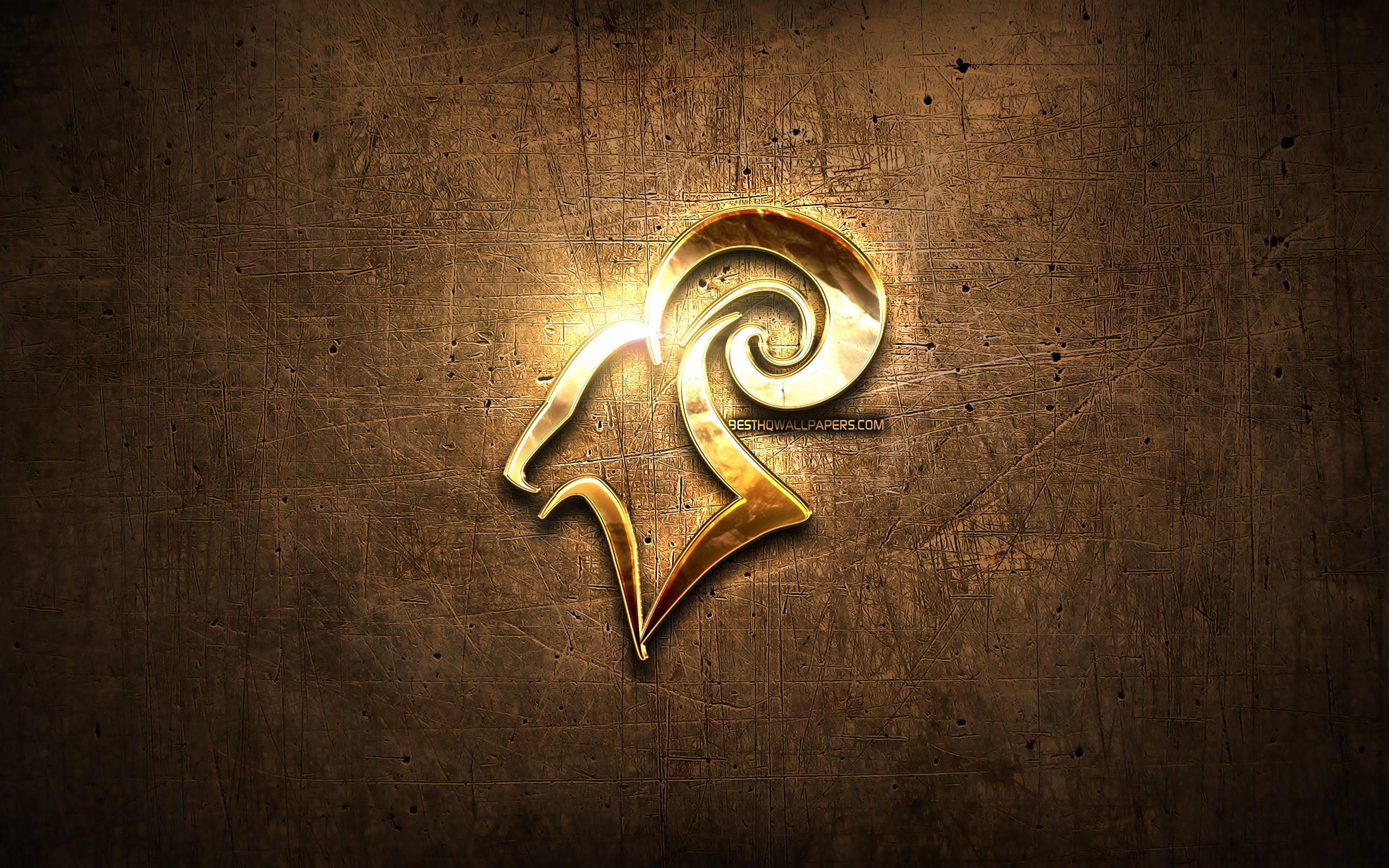 Aries Aesthetic, golden ram head emblem, swirling horns, 2K Desktop Wallpaper