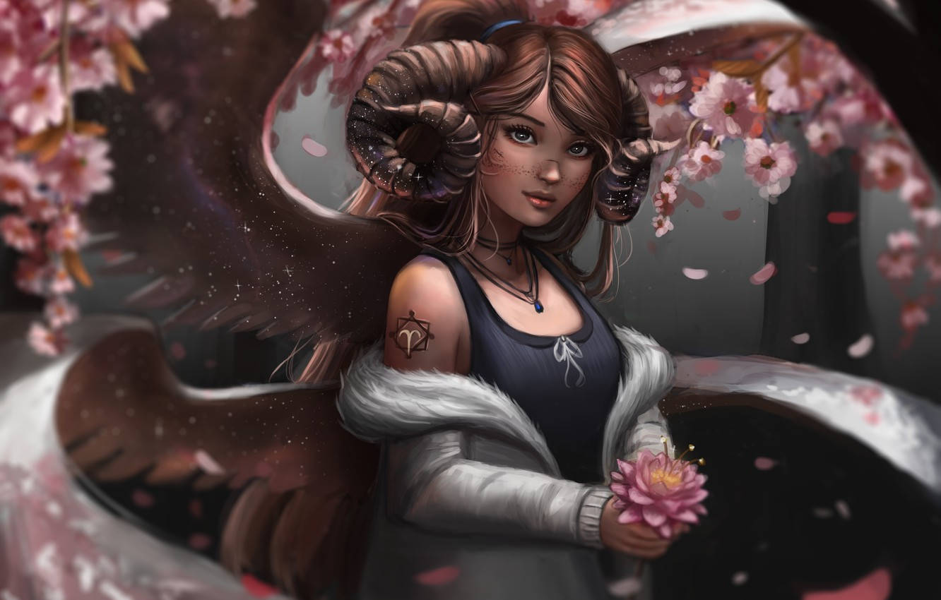 Aries Aesthetic, ram horns, angel wings, HD Desktop Wallpaper