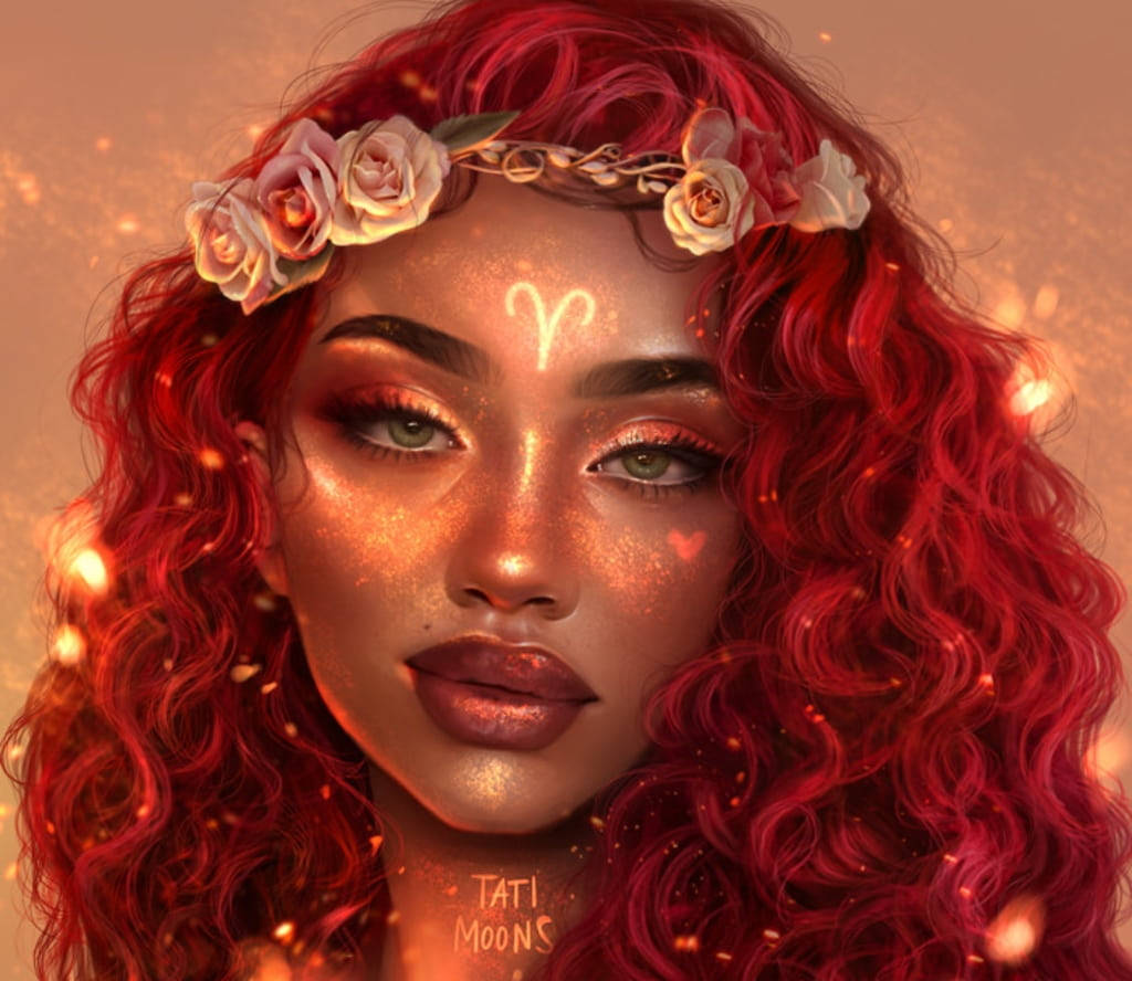 Aries Aesthetic, fiery red curls, floral crown, SD Desktop Wallpaper