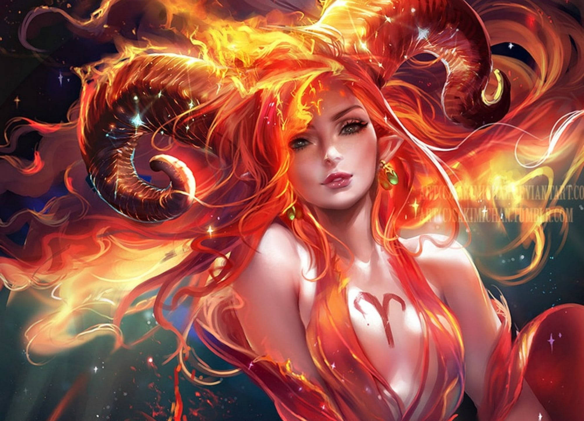 Aries Aesthetic, fiery-haired woman, ram horns, Full HD Desktop Wallpaper