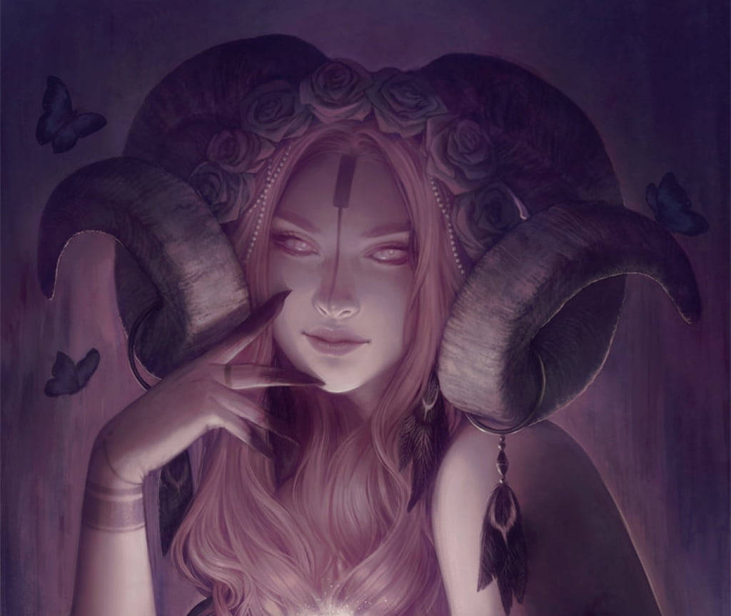 Ethereal Graphic Aries Aesthetic, mystical woman, ram horns, SD Desktop Wallpaper
