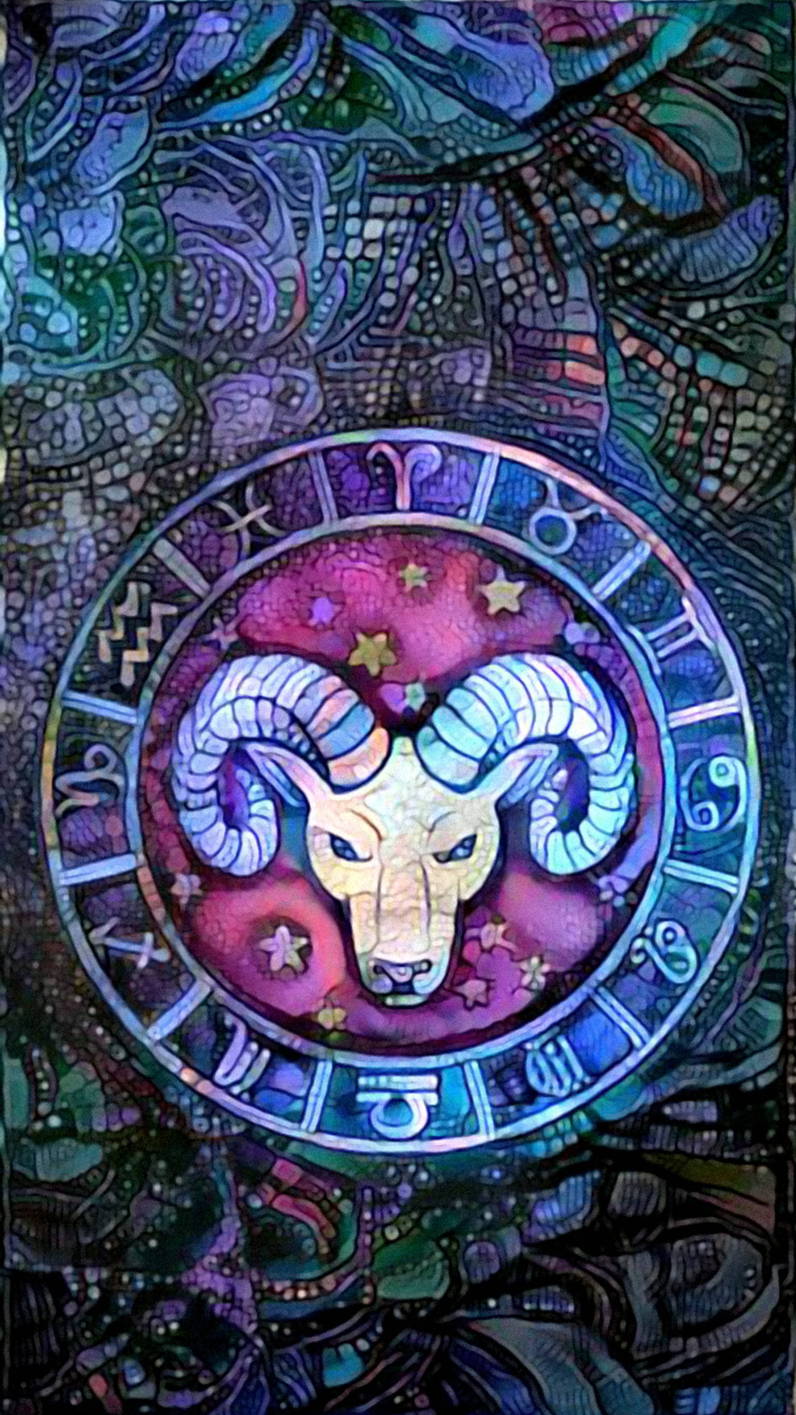 Aries, stained glass style, zodiac wheel, 2K Phone Wallpaper