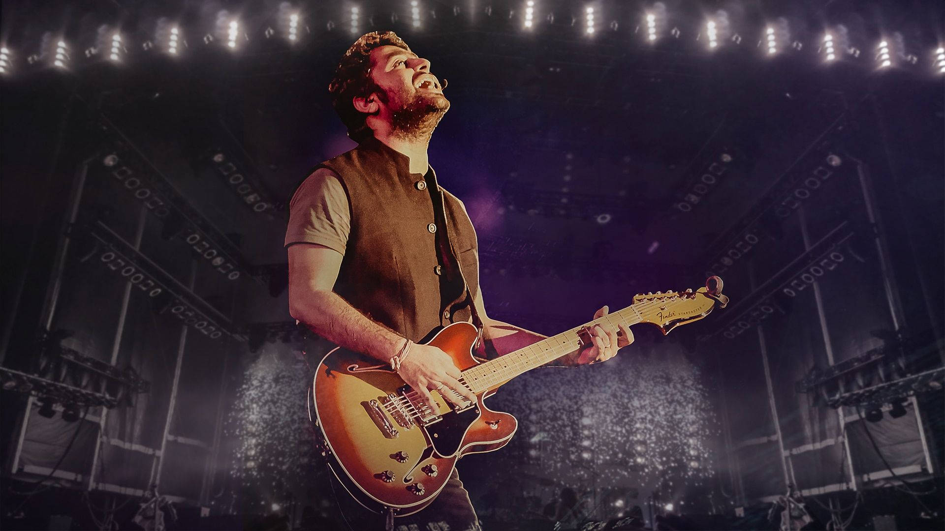 Arijit Singh, sunburst electric guitar, bright stage lights, Full HD Desktop Wallpaper