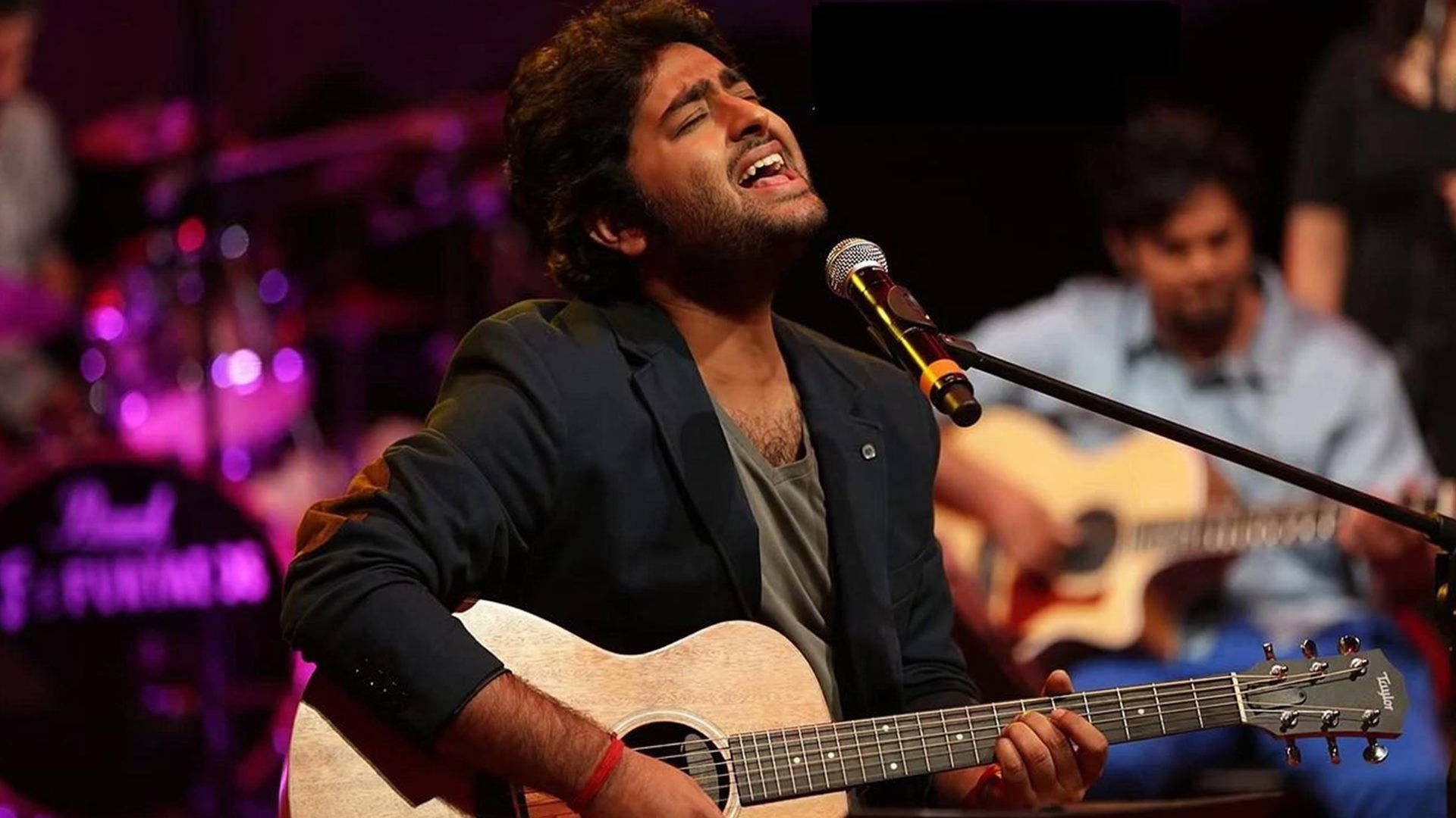 Arijit Singh, acoustic guitar, purple lights, Full HD Desktop Wallpaper