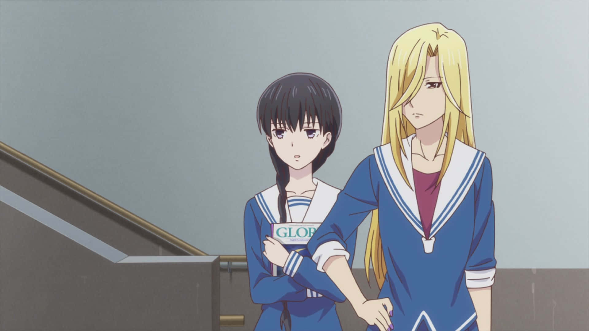Arisa Uotani, blue sailor uniforms, staircase, Full HD Desktop Wallpaper