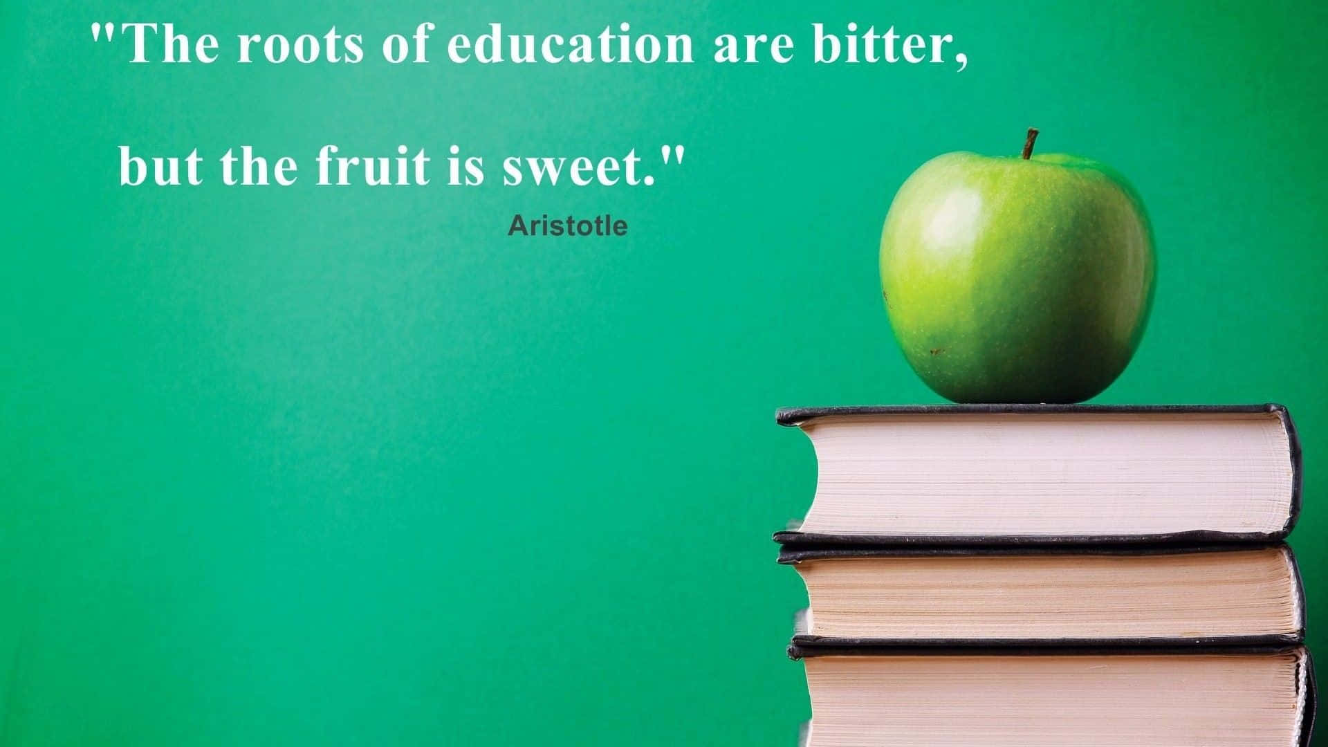 Aristotle, green apple, stack of books, Full HD Desktop Wallpaper