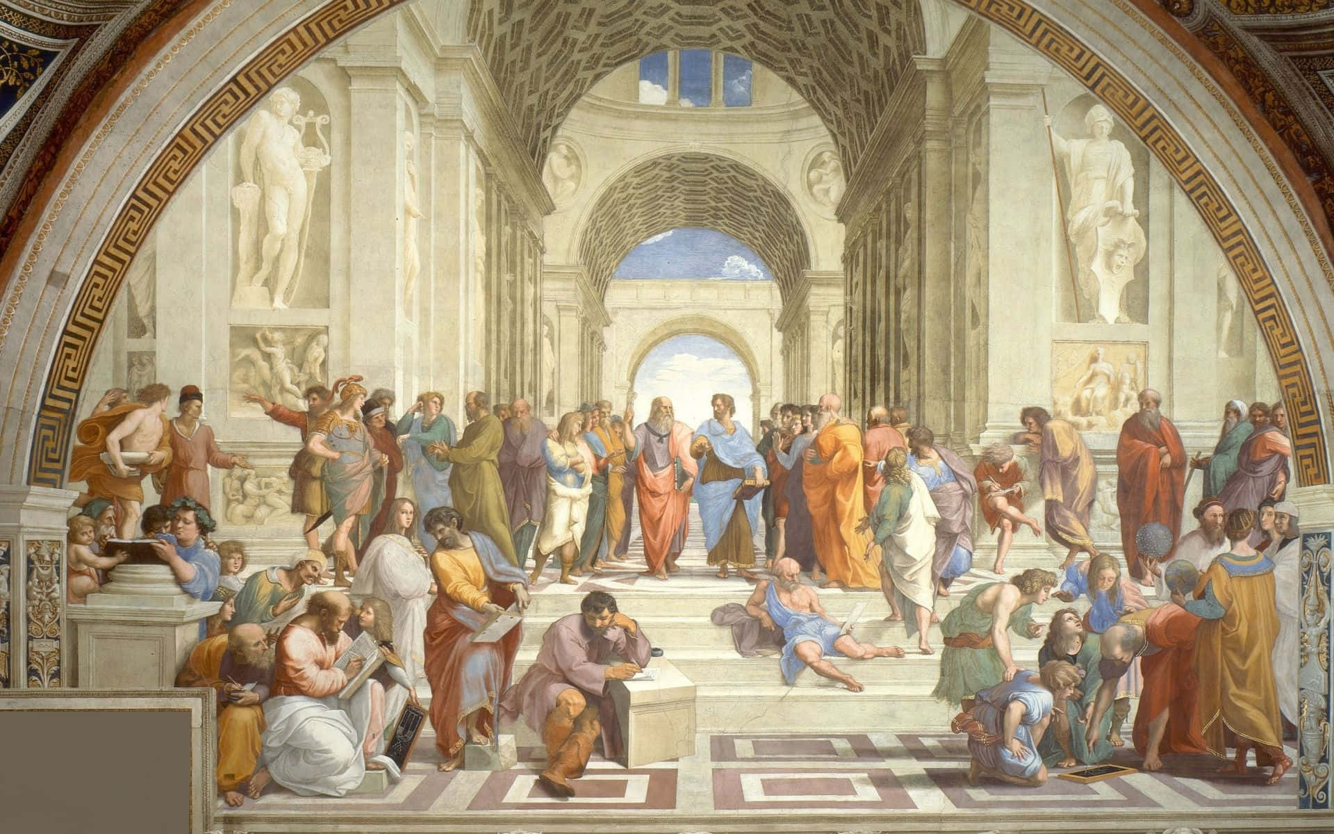 Aristotle, Renaissance fresco, classical marble hall, Full HD Desktop Wallpaper