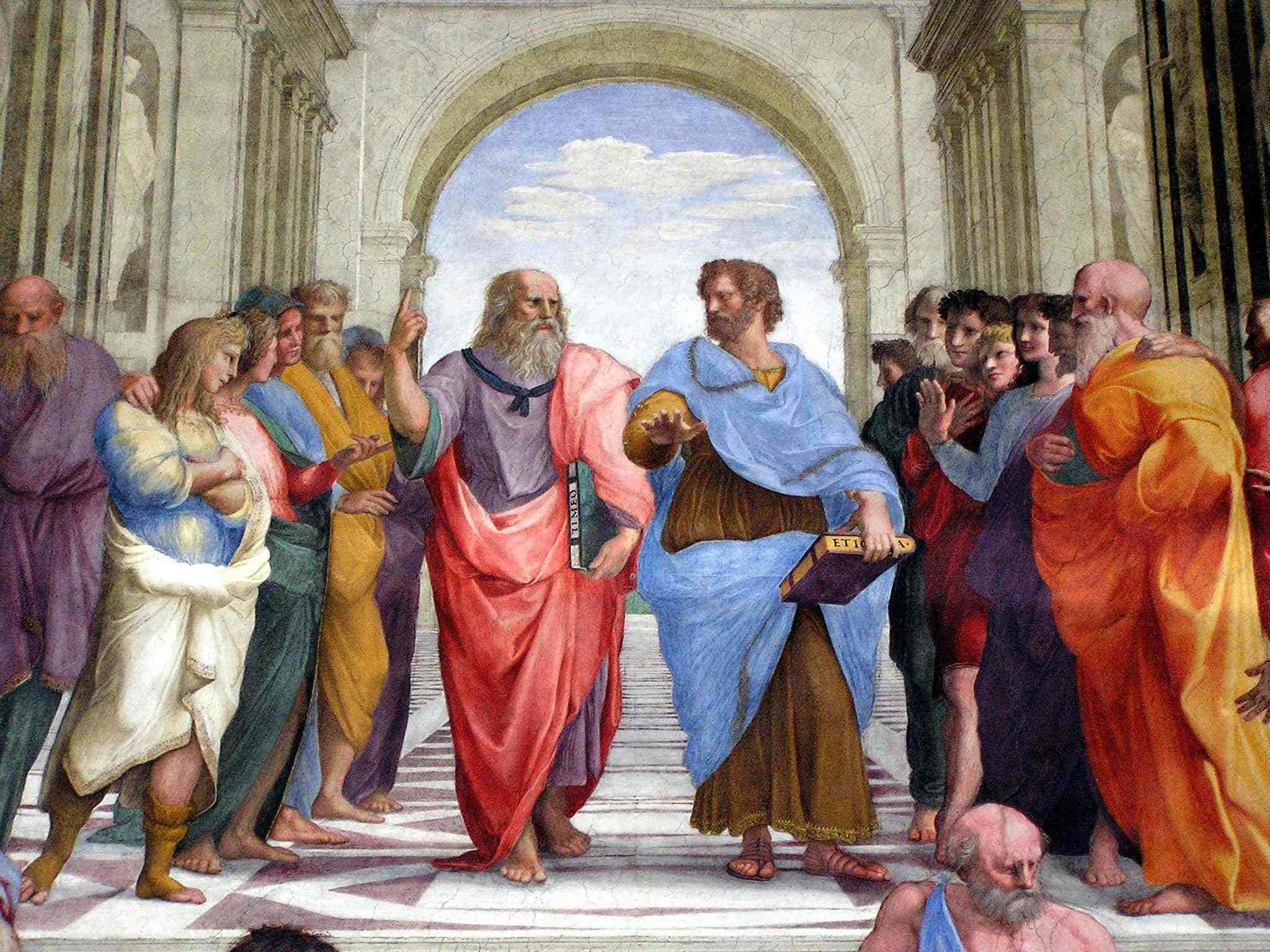 Aristotle, classical painting, colonnaded hall, Full HD Desktop Wallpaper