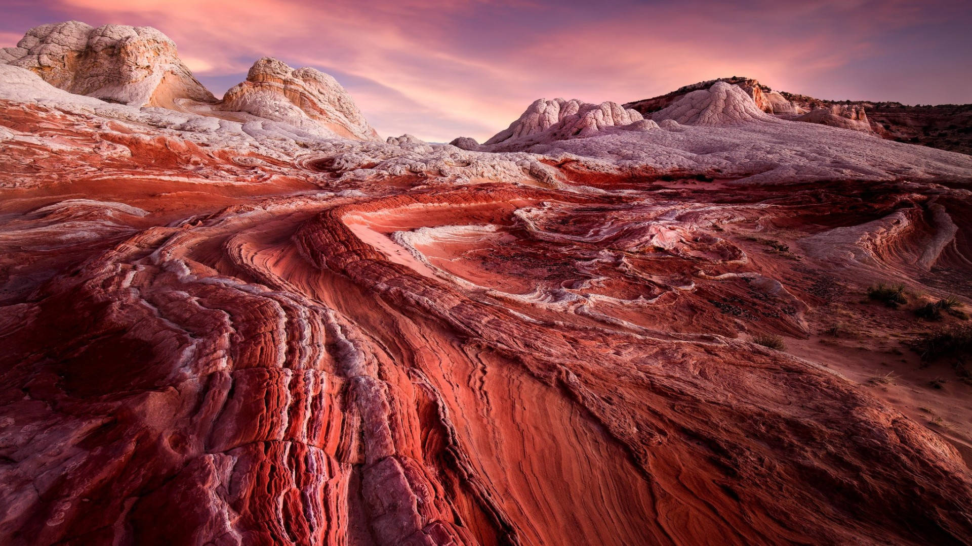 red rock formations, Arizona Desert, pink and purple sunset sky, Full HD Desktop Wallpaper