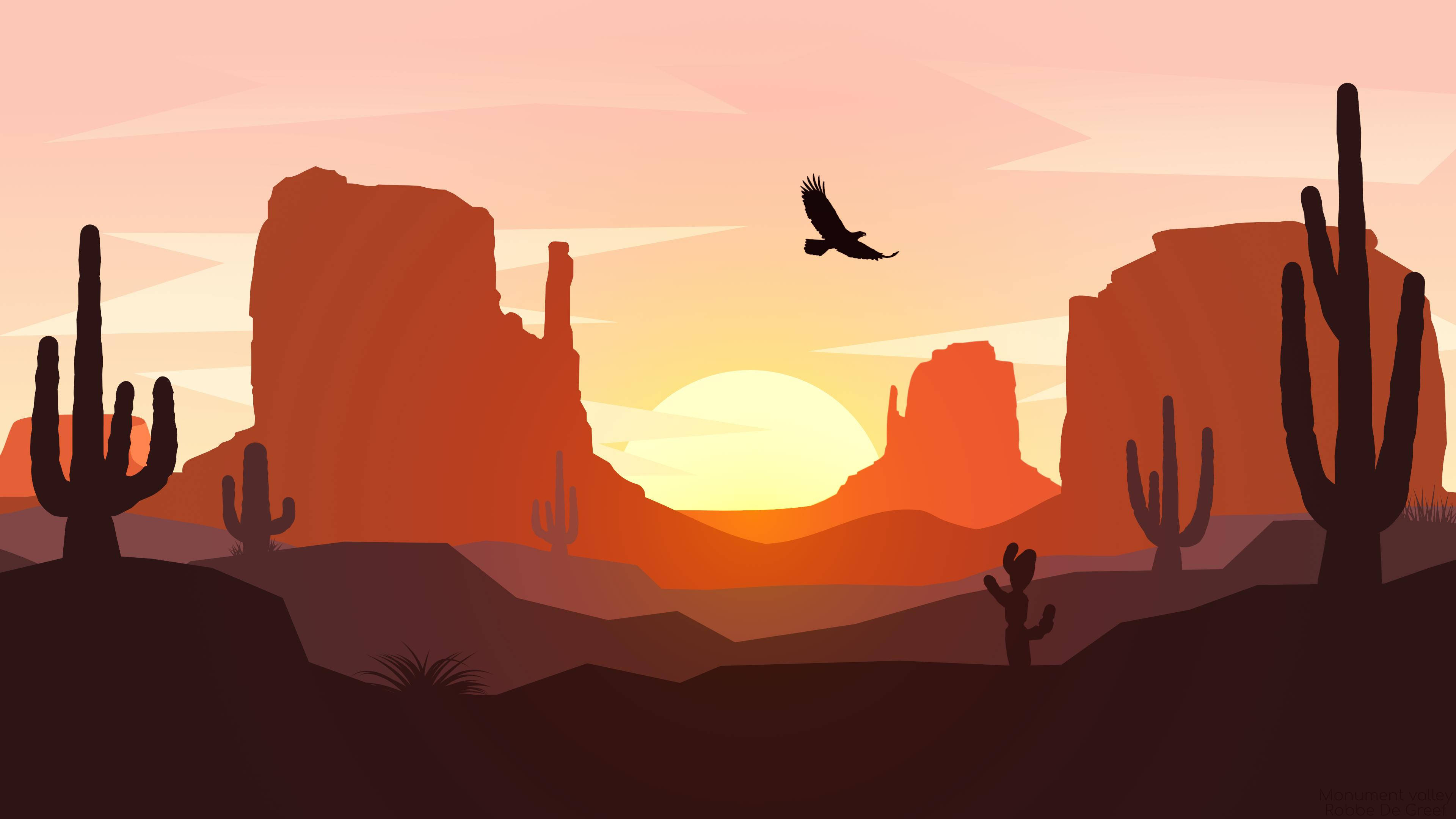 desert valley, evening, silhouetted cacti, 4K Desktop Wallpaper