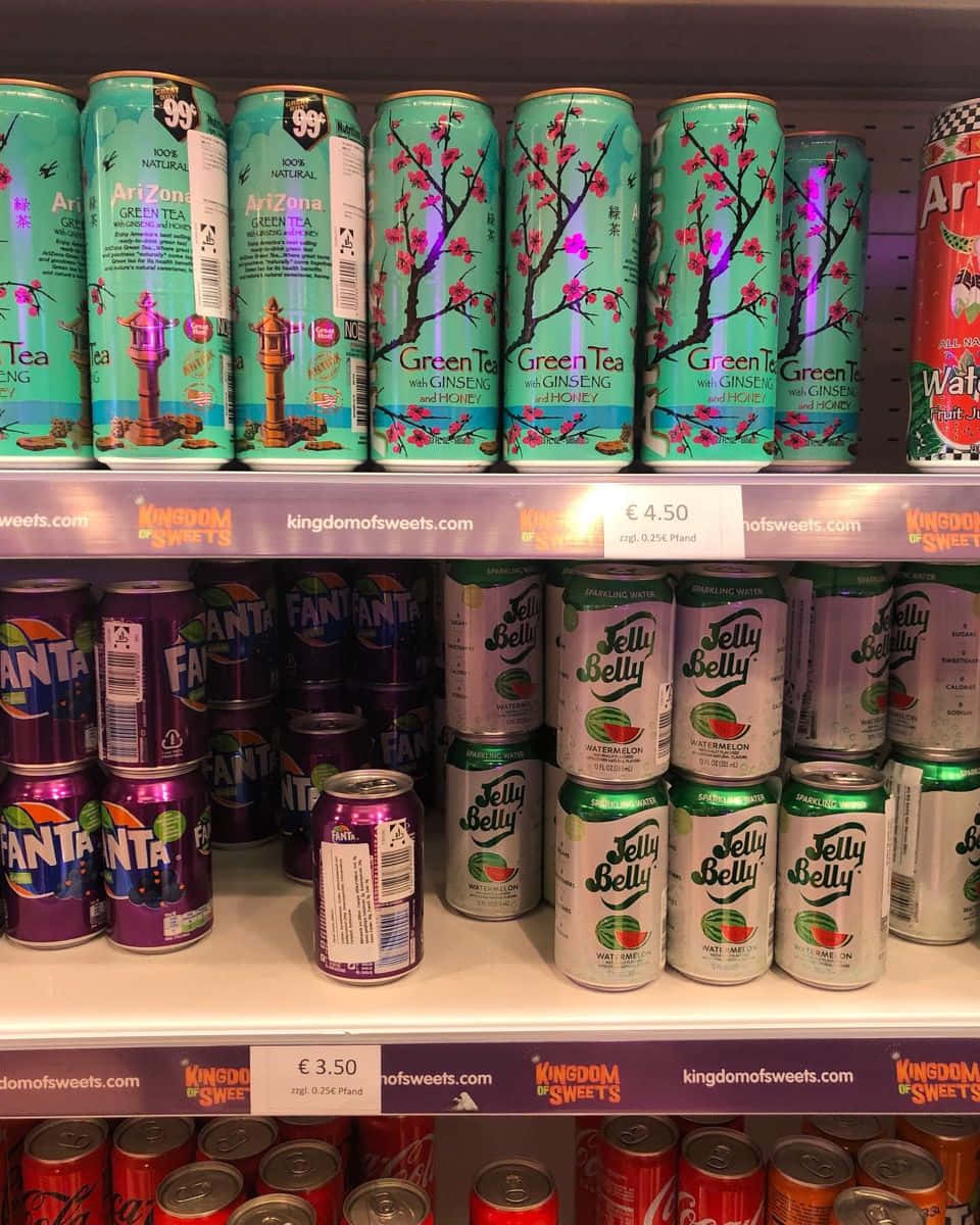 AriZona green tea, Jelly Belly watermelon flavor, shelves, SD Phone Wallpaper