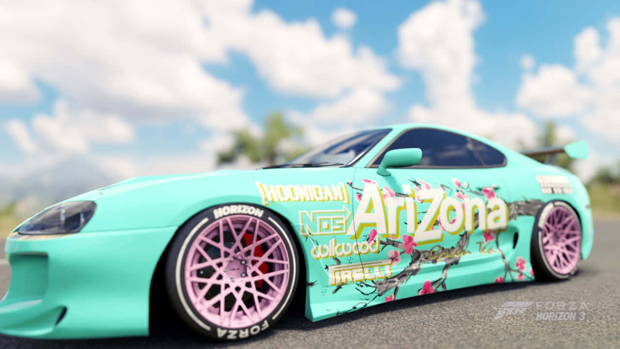 Arizona Tea, turquoise drift car, pink wheels, HD Desktop Wallpaper