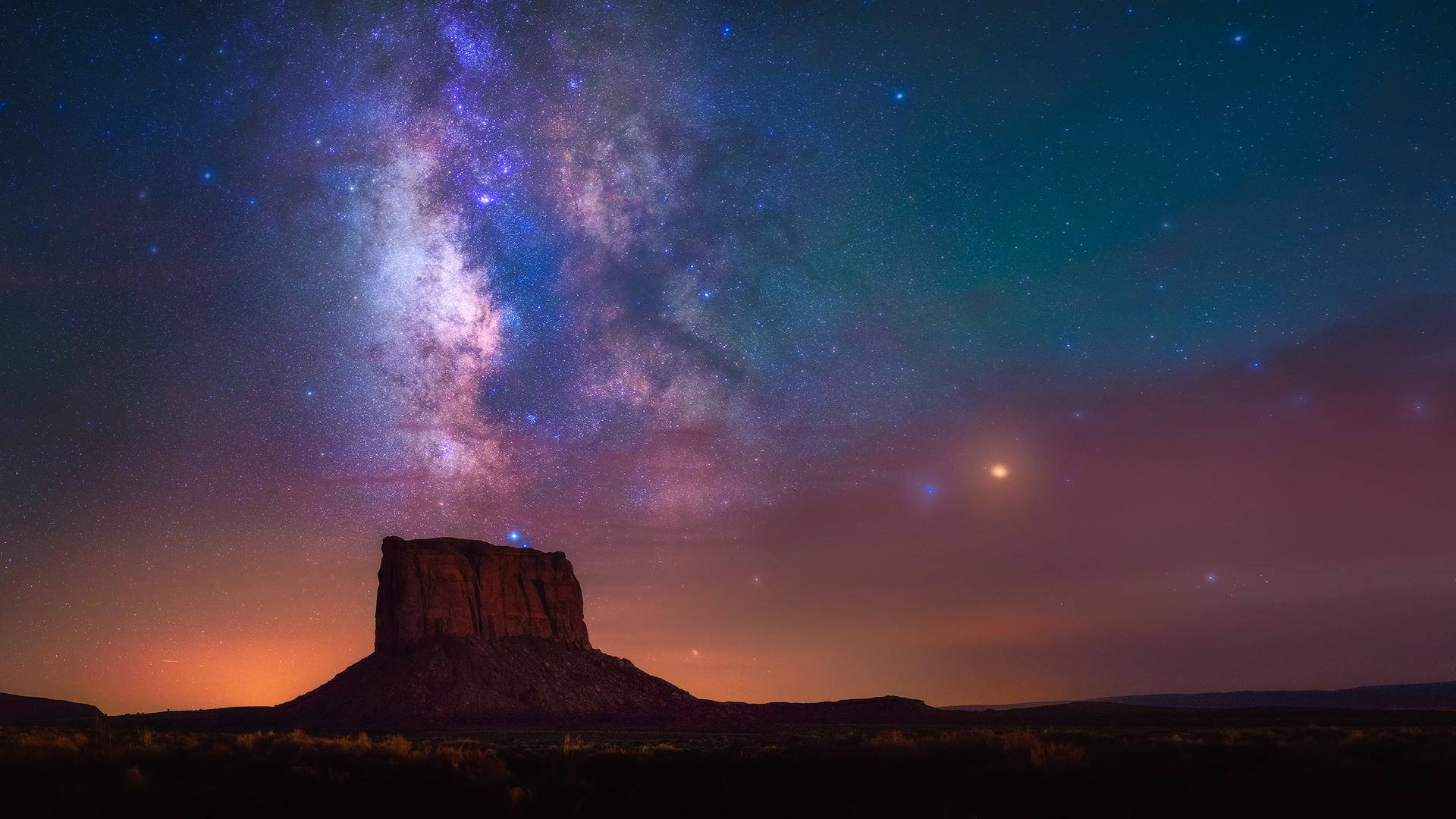 Arizona Desert, Milky Way galaxy, purple stars, Full HD Desktop Wallpaper