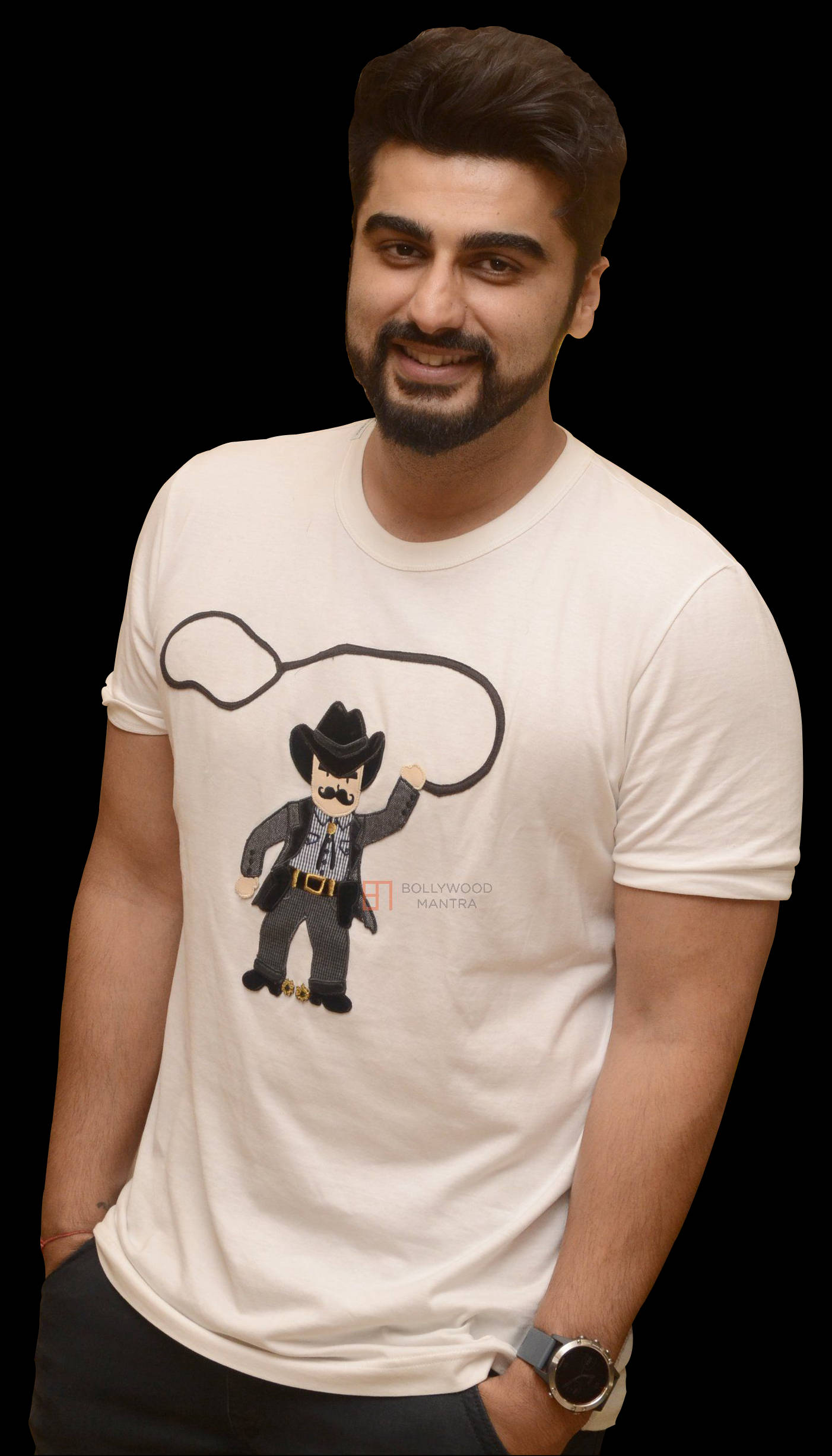 Arjun Kapoor, white t-shirt, cartoon cowboy graphic, Full HD Phone Wallpaper