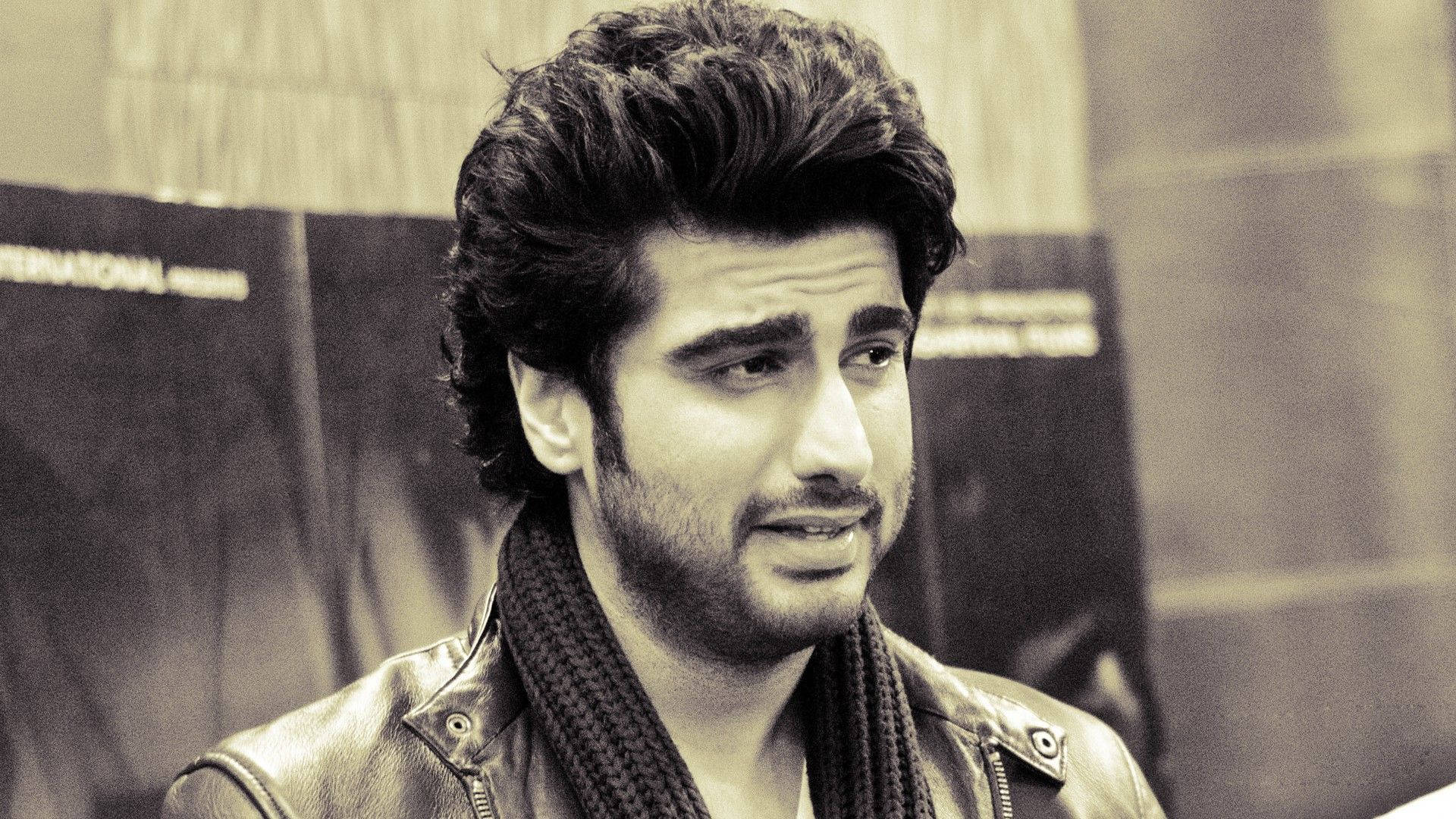 Arjun Kapoor, sepia-toned portrait, styled hair, Full HD Desktop Wallpaper