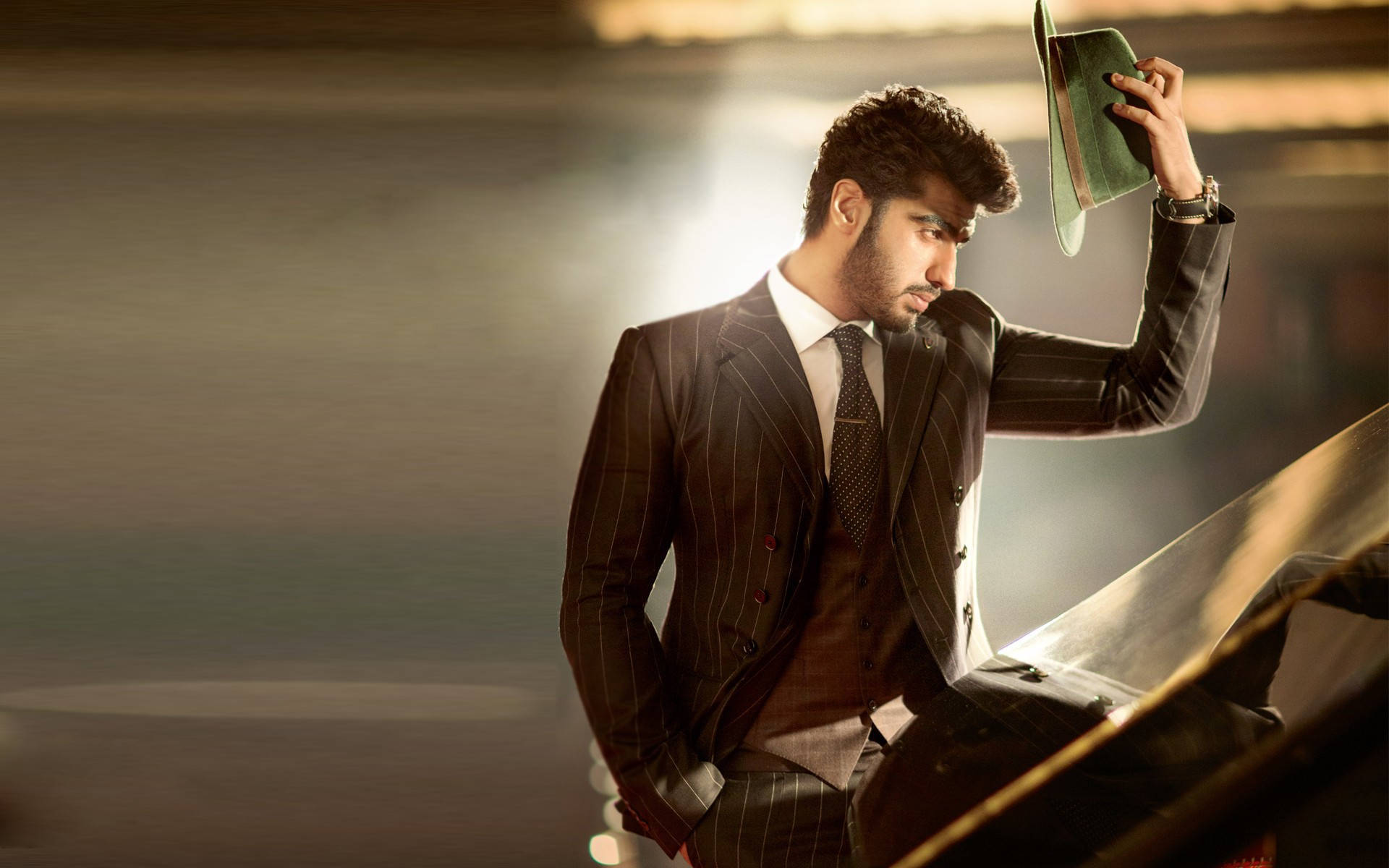Arjun Kapoor, pinstripe suit, green fedora, Full HD Desktop Wallpaper