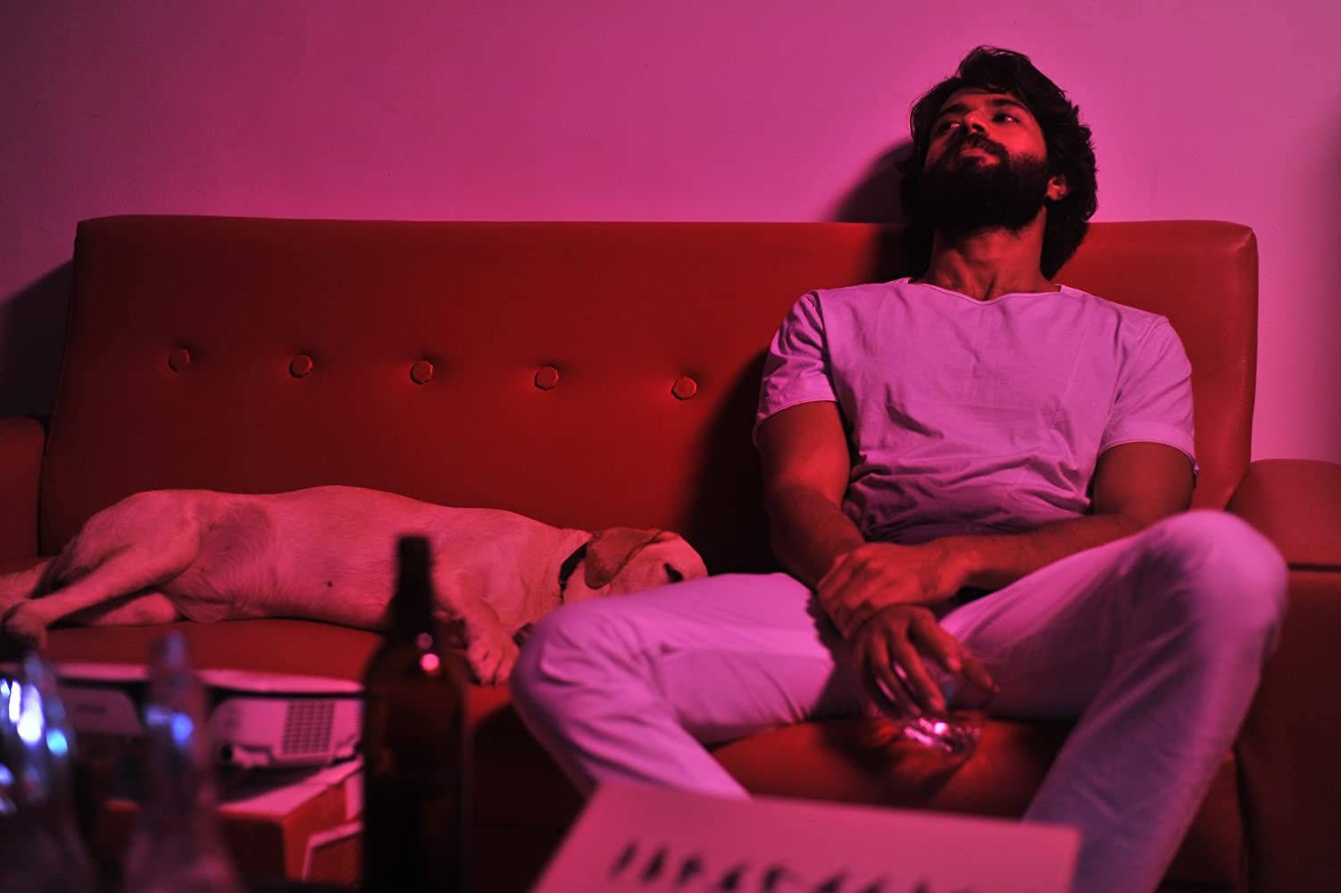 Arjun Reddy, pink light, red sofa, HD Desktop Wallpaper