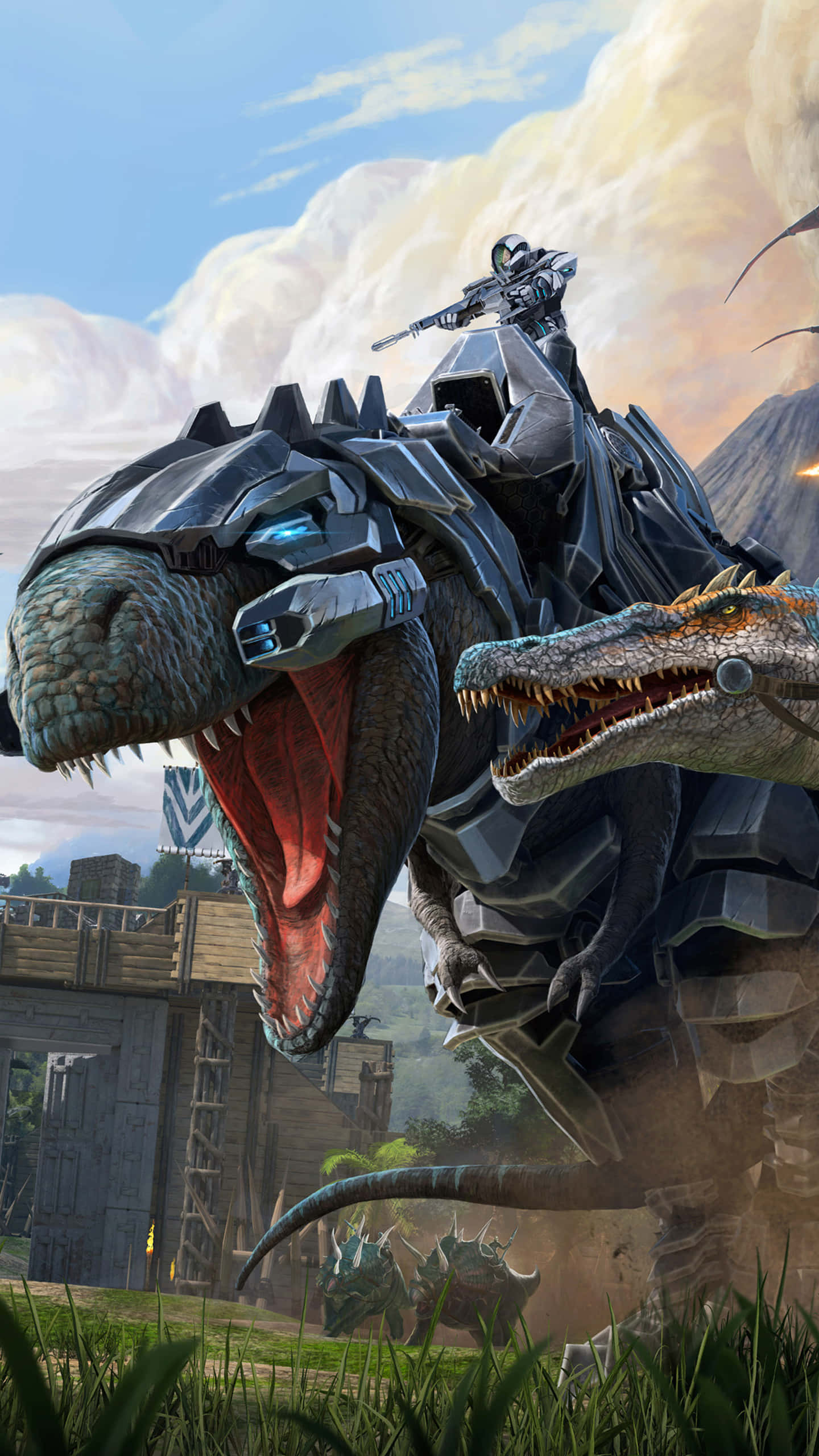 Ark Survival 4K, mechanical dinosaur, futuristic soldier, 2K Phone Wallpaper