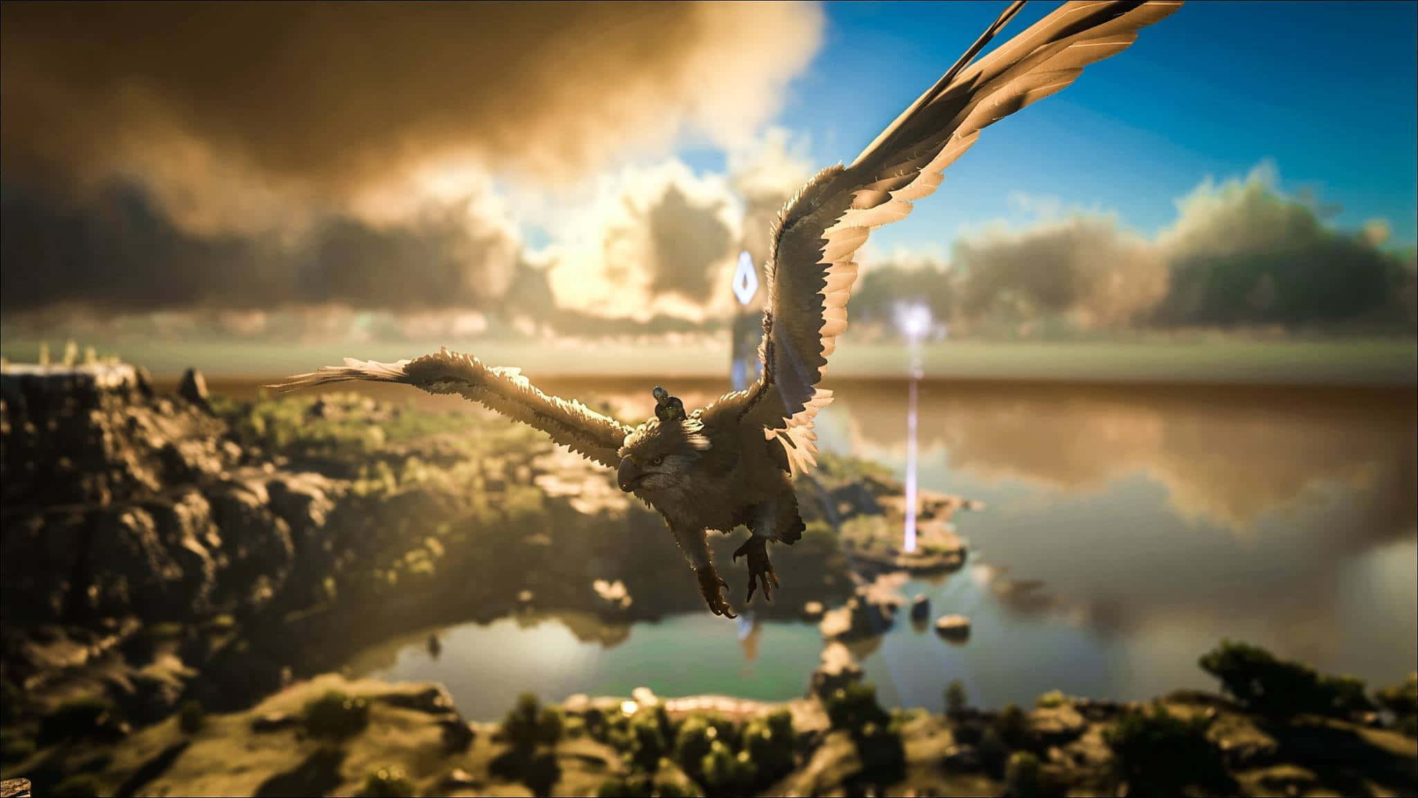 Ark Survival 4K, white-winged creature, serene lake, Full HD Desktop Wallpaper