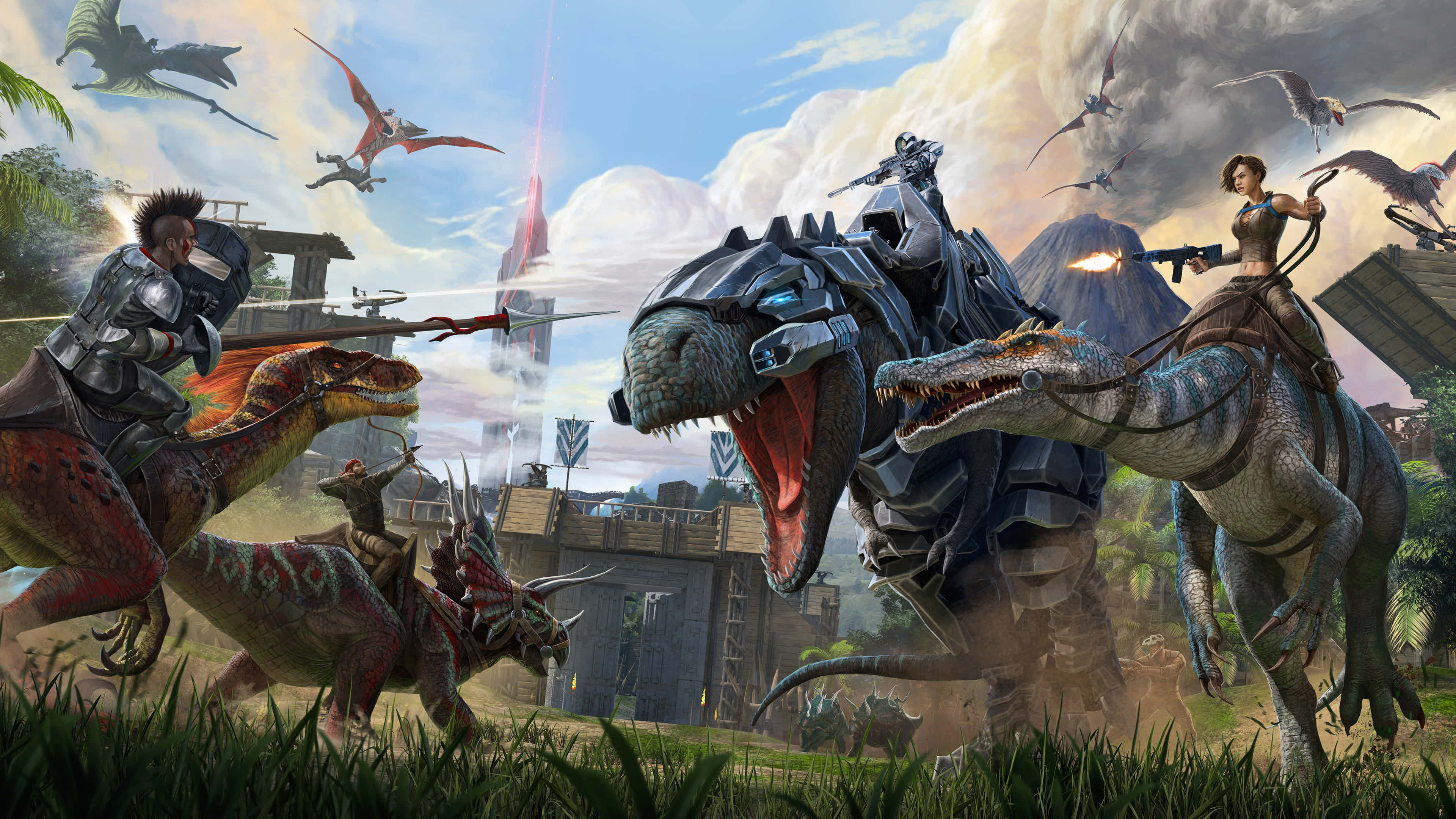 Ark Survival 4K, warriors, armored dinosaurs, 4K Desktop Wallpaper