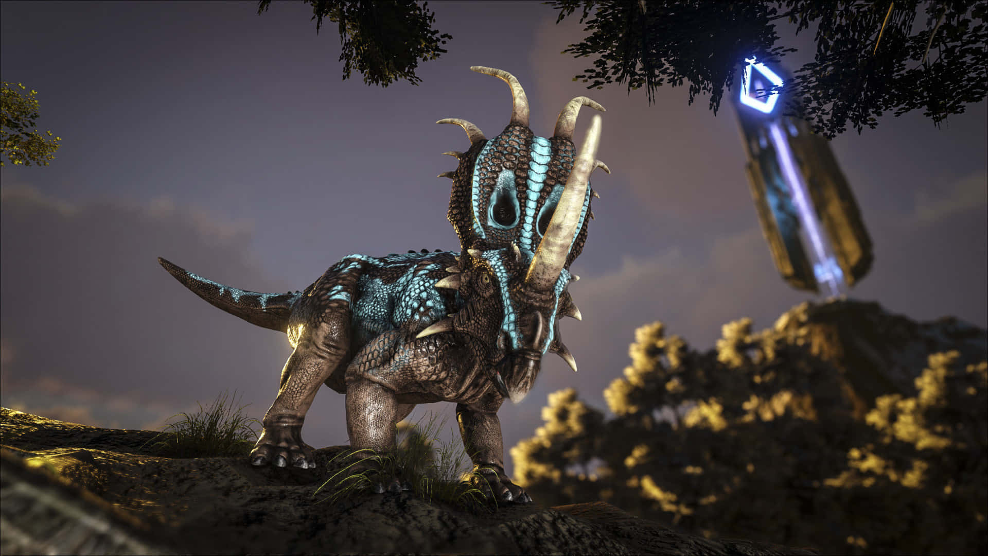 Ark Survival 4K, glowing blue armored triceratops, rocky hillside, Full HD Desktop Wallpaper