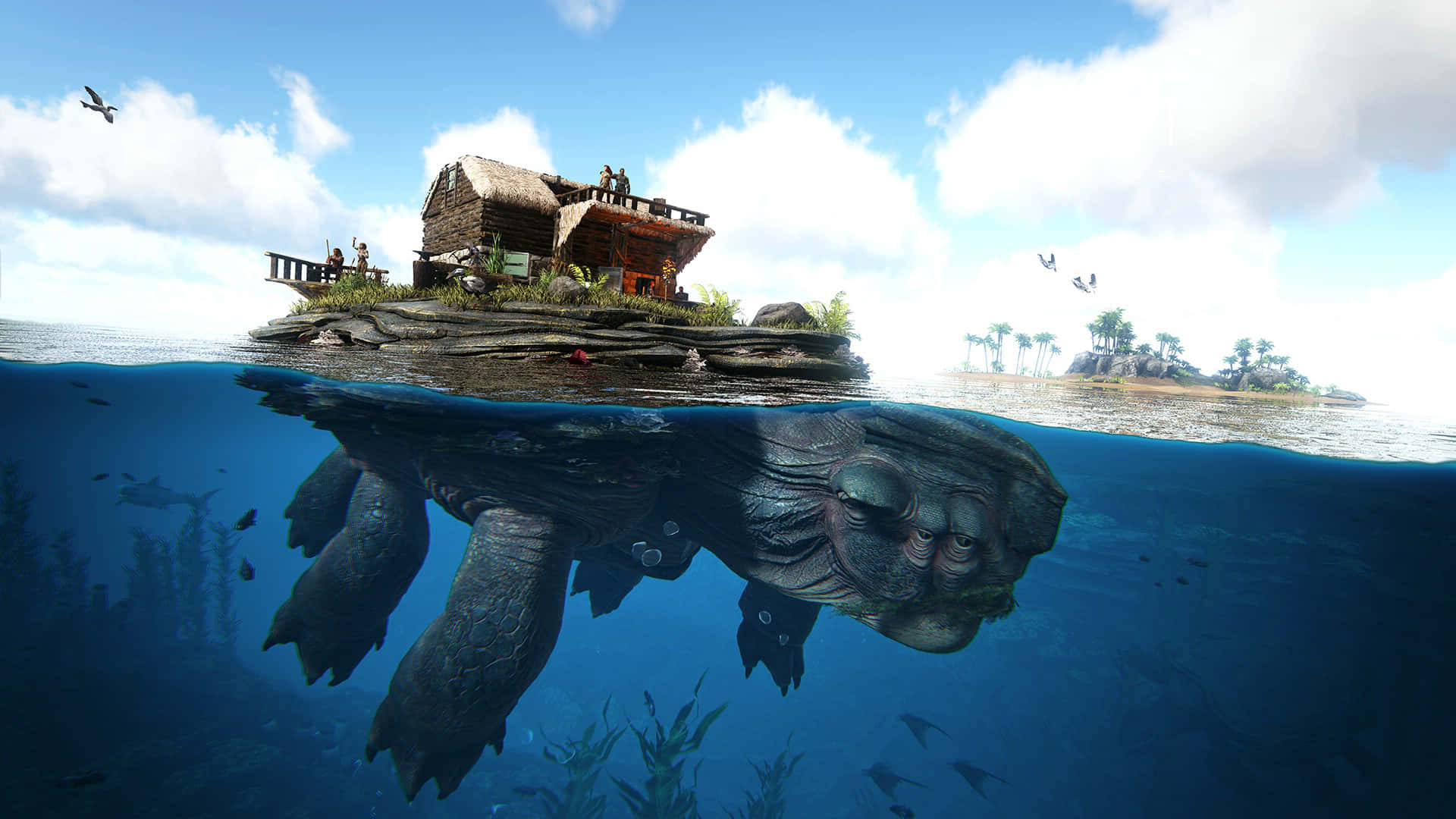 Ark Survival 4K, rustic wooden house, giant turtle, Full HD Desktop Wallpaper