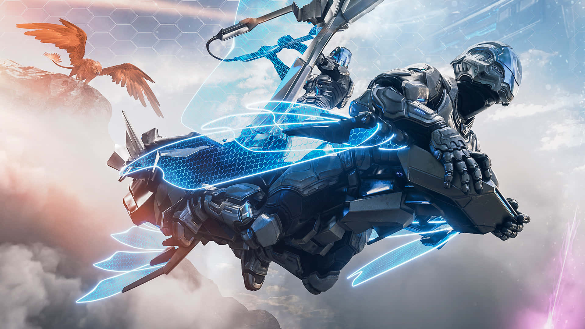 Ark Survival 4K, glowing blue mechanical glider, golden eagle, Full HD Desktop Wallpaper
