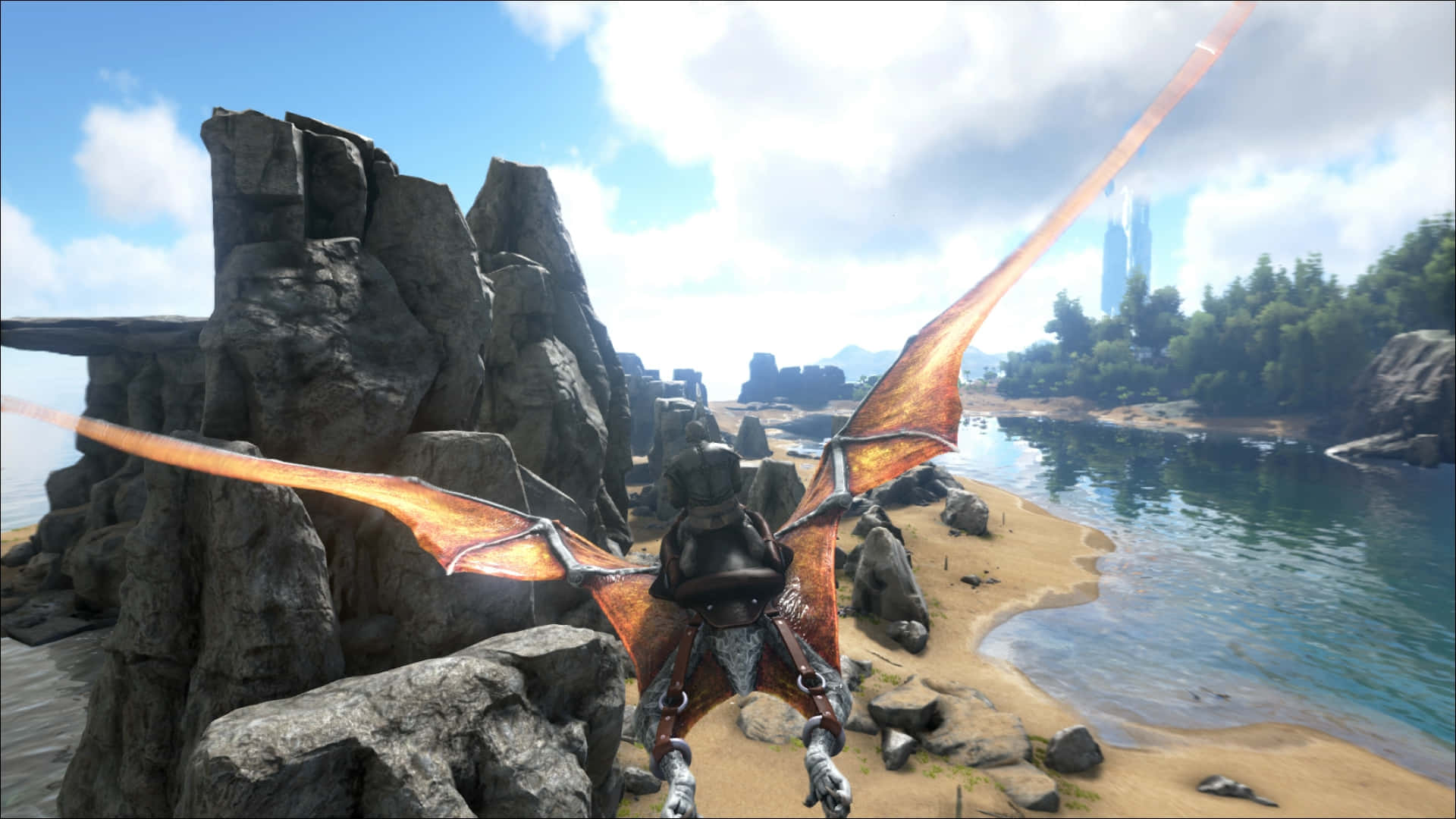 Ark Survival 4K, fiery orange dragon, rocky shores, Full HD Desktop Wallpaper