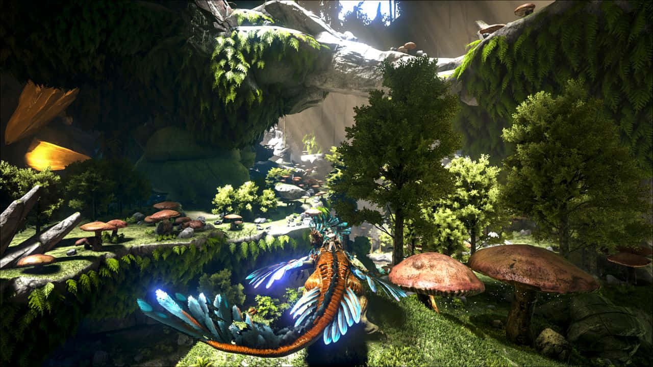 Ark Survival 4K, glowing blue wings, lush mossy cave, HD Desktop Wallpaper