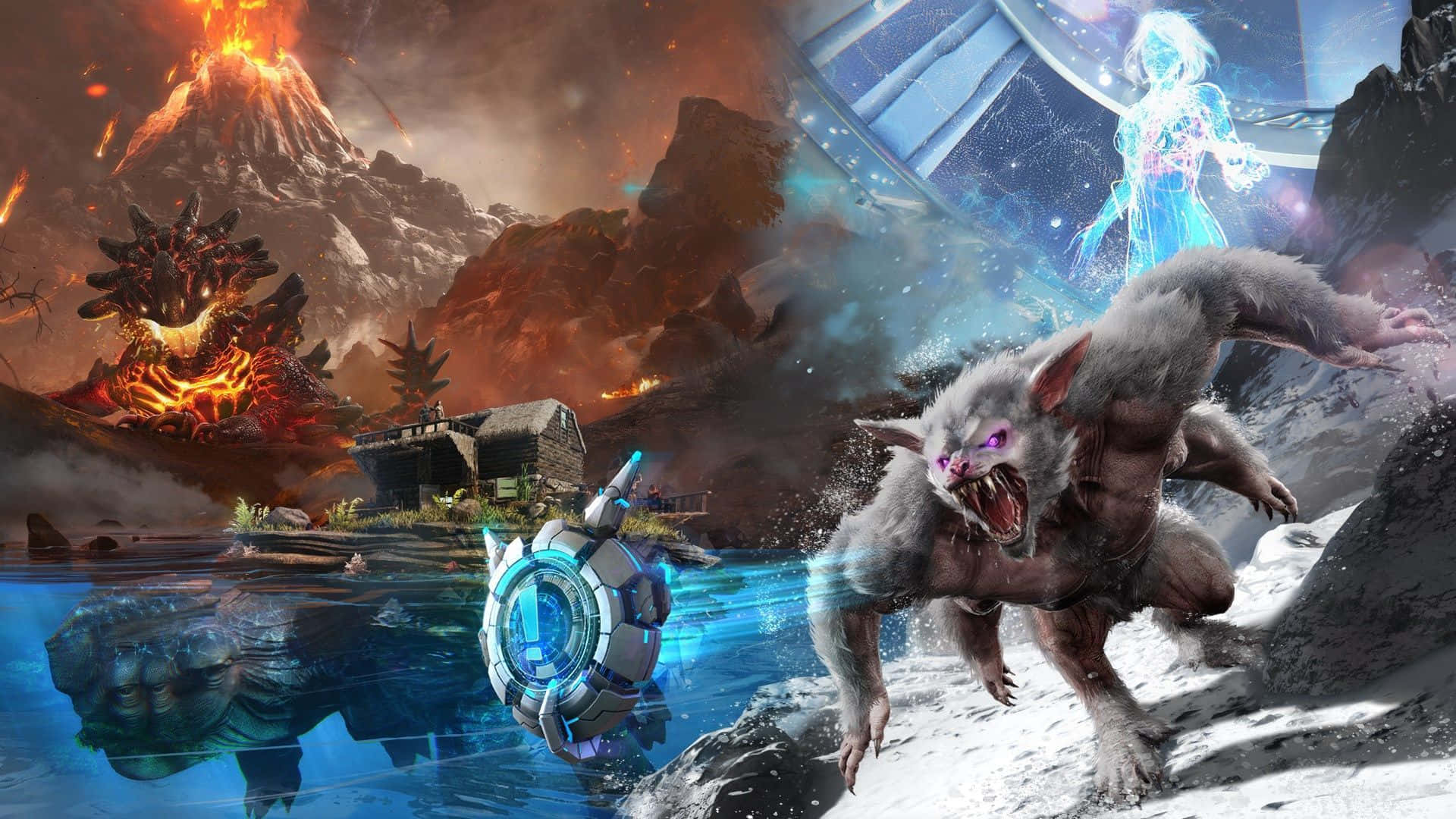 ARK Survival, monstrous wolf, snowy cliffs, Full HD Desktop Wallpaper