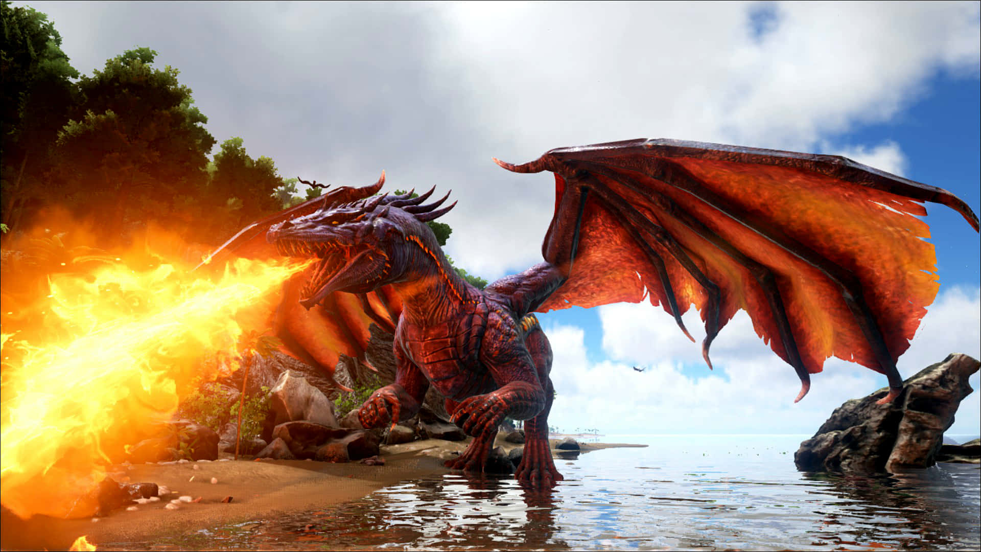 dragon, fire, lake, Full HD Desktop Wallpaper