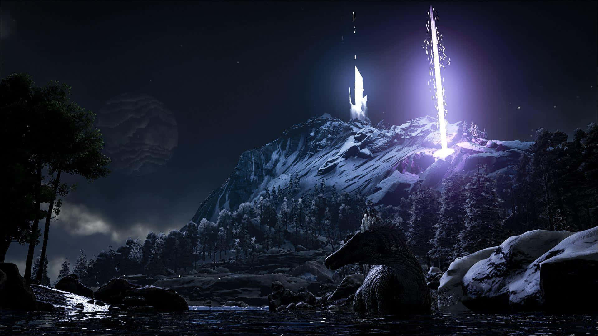 Ark Survival 4K, snow-covered mountain, night, Full HD Desktop Wallpaper
