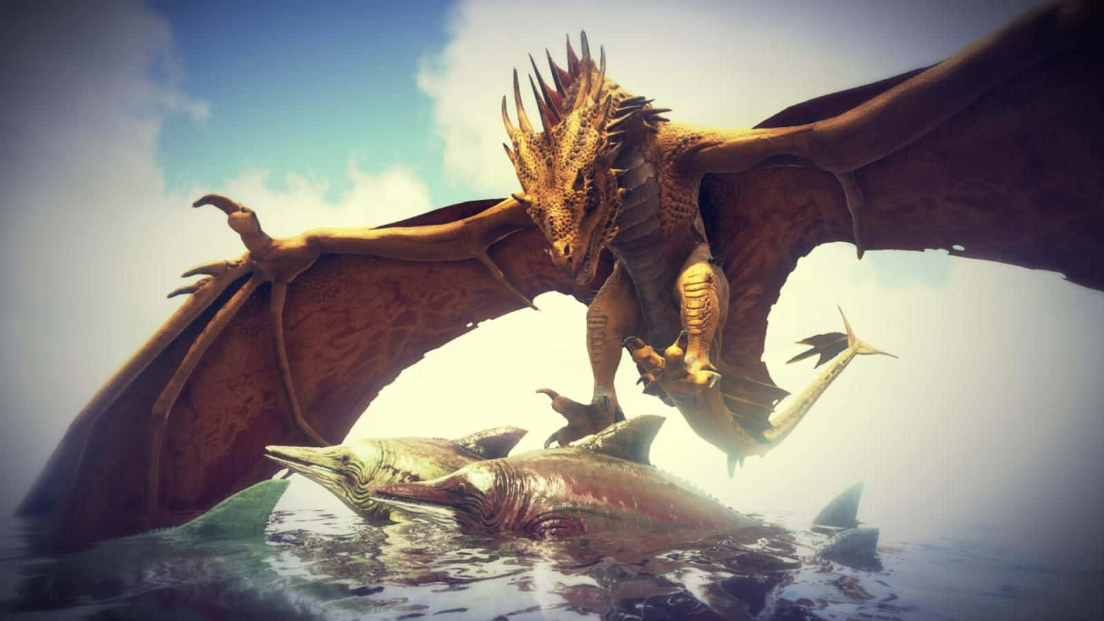 Ark Survival 4K, golden scaled dragon, shark, HD Desktop Wallpaper