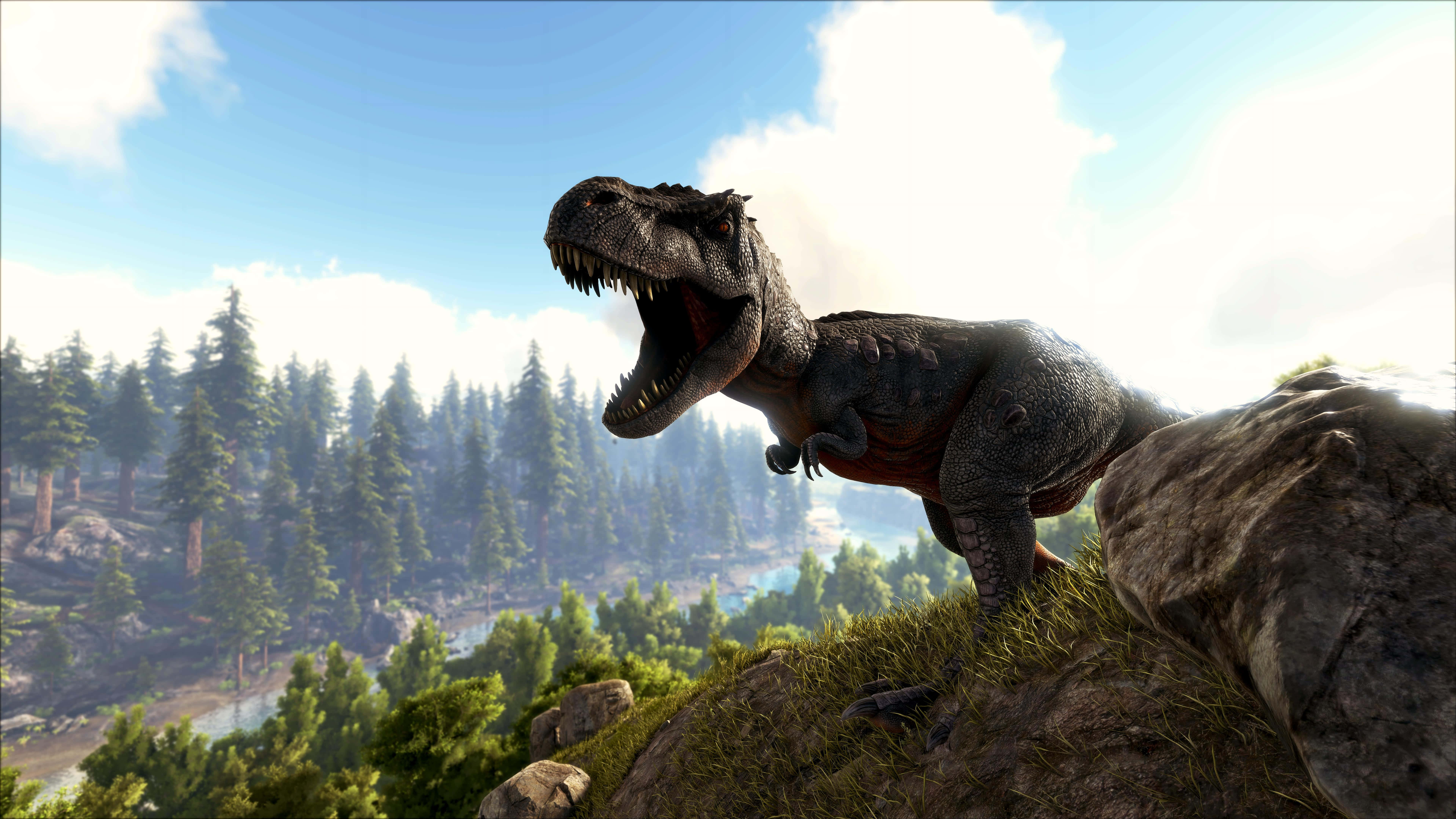 t rex, mossy cliff, forested valley, 8K Desktop Wallpaper