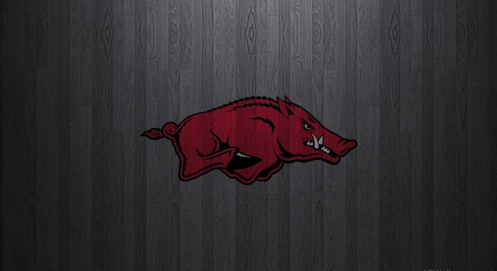 Arkansas Razorbacks, fierce red razorback mascot logo, dark textured wooden background, Full HD Desktop Wallpaper