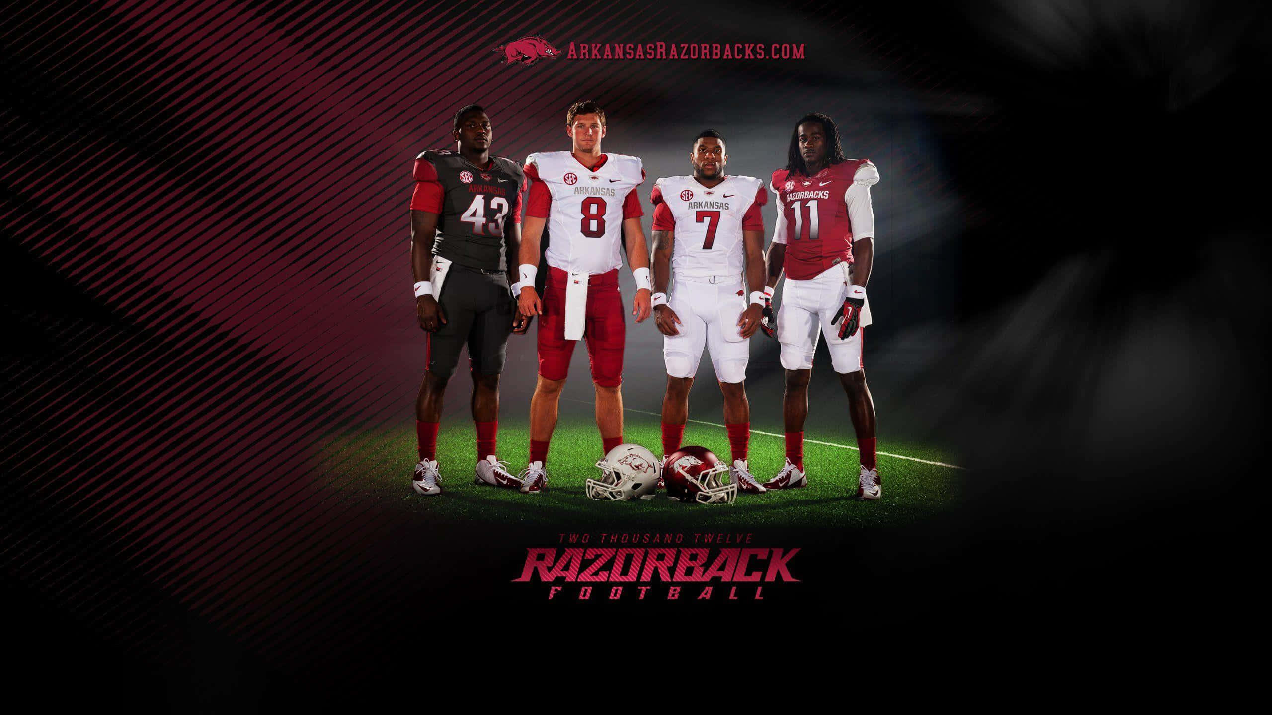 Arkansas Razorbacks, red and white uniforms, spotlighted field, 2K Desktop Wallpaper