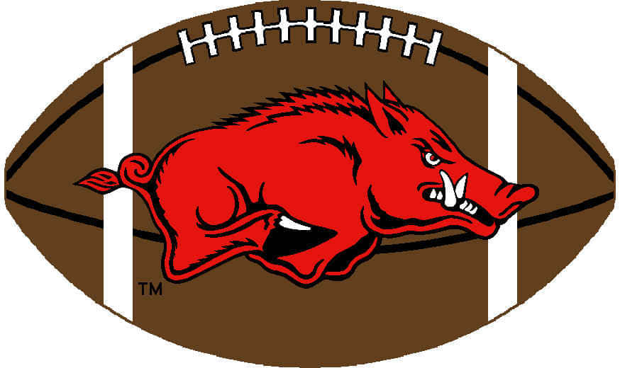 Arkansas Razorbacks, red charging wild boar mascot, brown football, SD Desktop Wallpaper