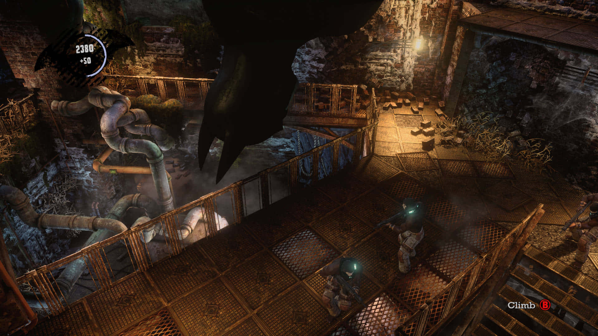 Arkham Asylum, gritty industrial platform game scene, rusted metal walkways, Full HD Desktop Wallpaper