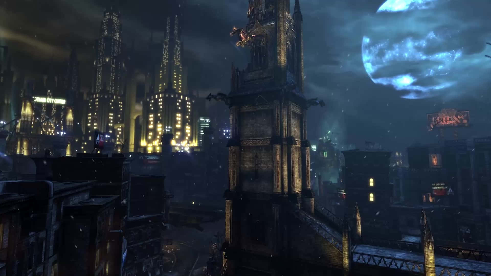 Arkham City, nighttime, rain-slicked cityscape, Full HD Desktop Wallpaper
