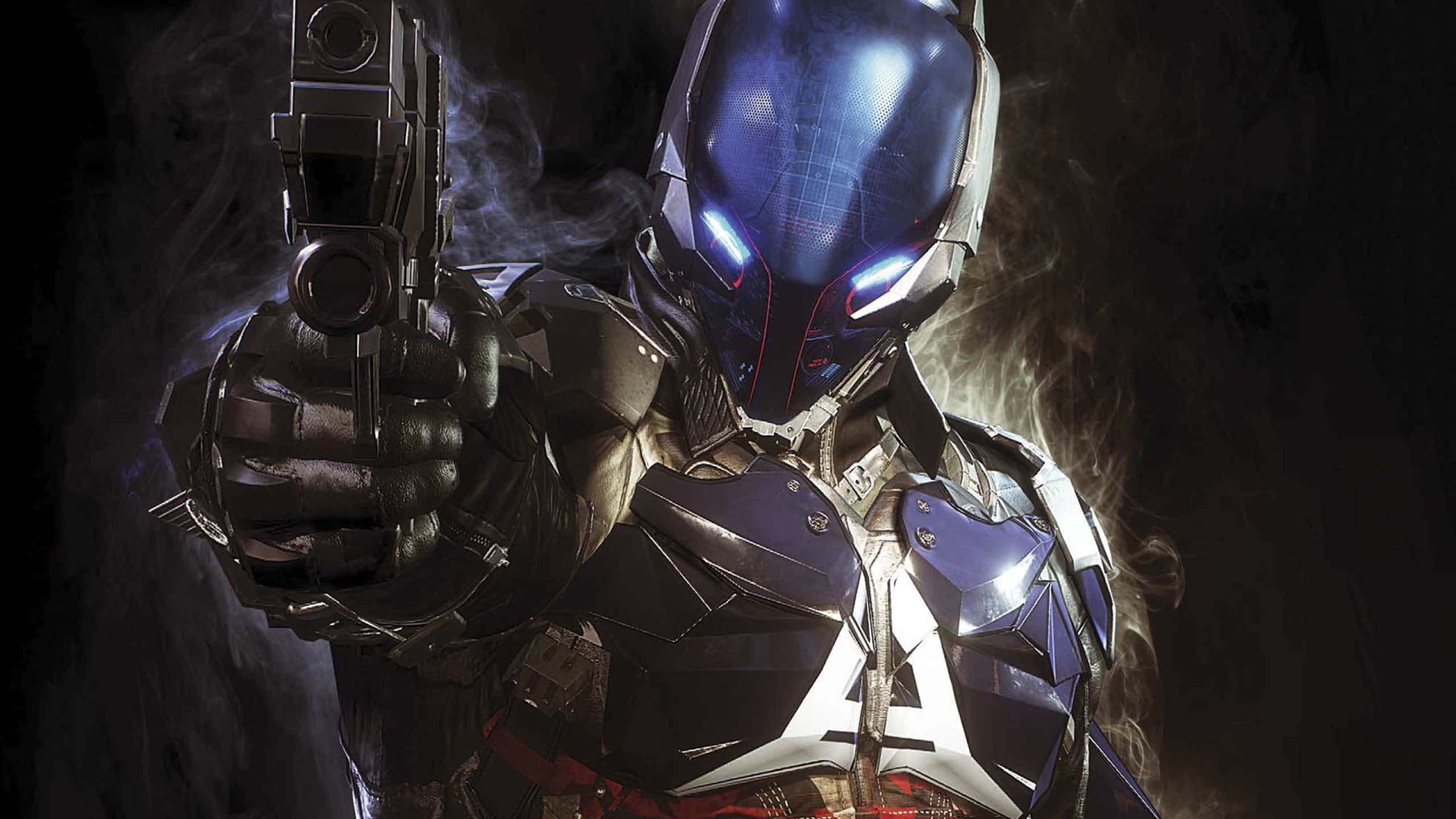 Arkham Knight 4K, futuristic armored warrior, glowing blue eyes, 2K Desktop Wallpaper