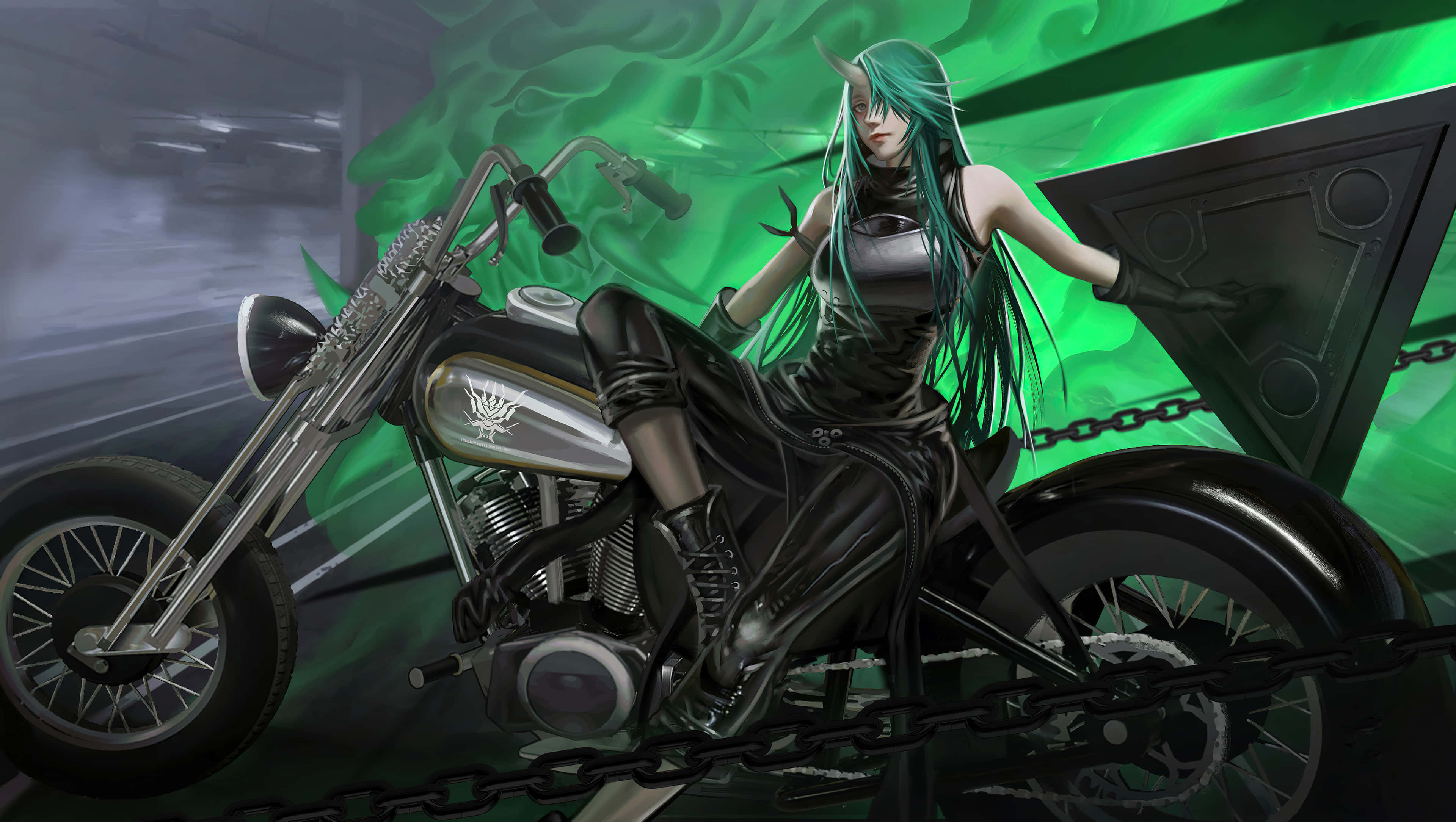 Arknights 4K, green-haired anime girl, black leather, 4K Desktop Wallpaper