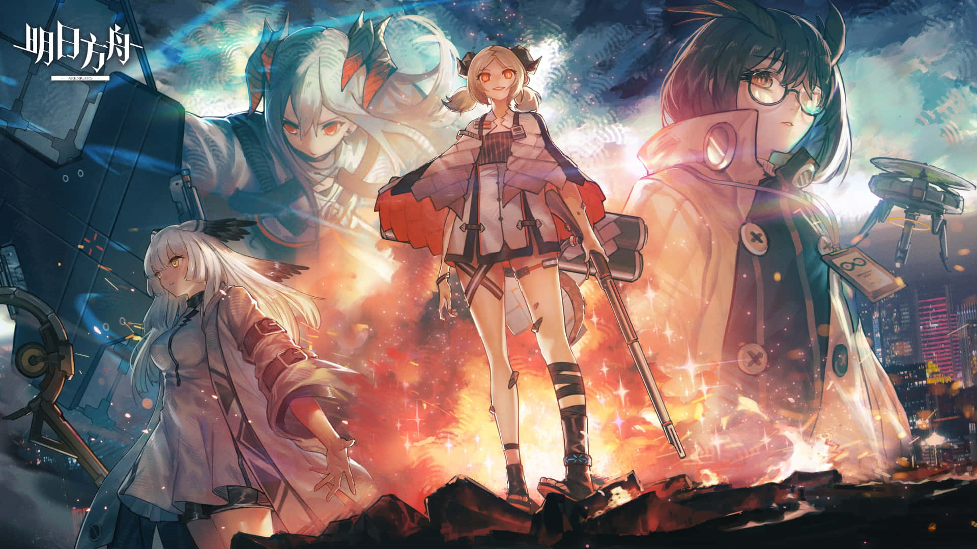 Arknights, anime characters, fiery explosions, Full HD Desktop Wallpaper