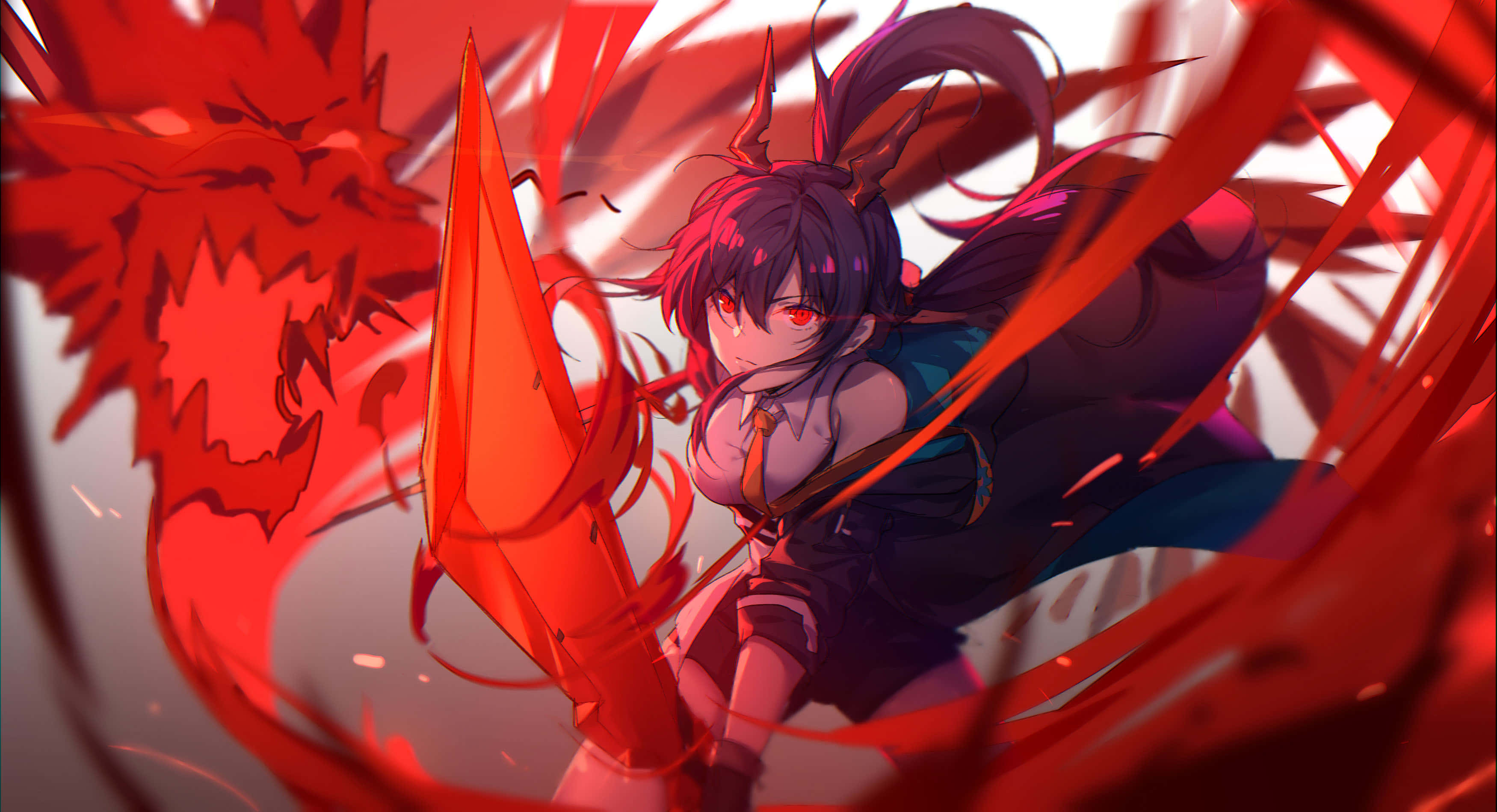 Arknights, red hair, red eyes, 2K Desktop Wallpaper