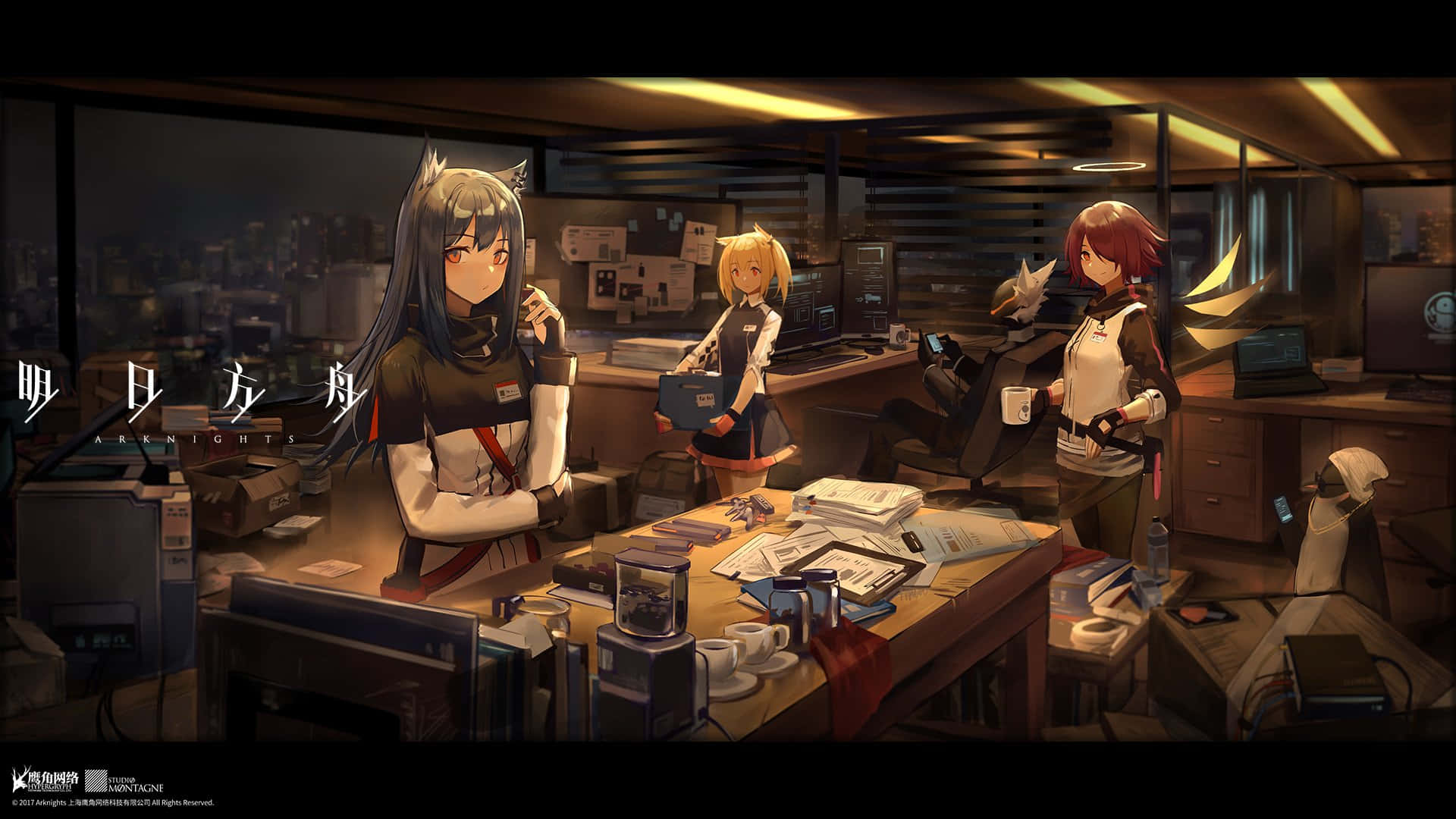 Arknights, anime girls, cluttered office, Full HD Desktop Wallpaper