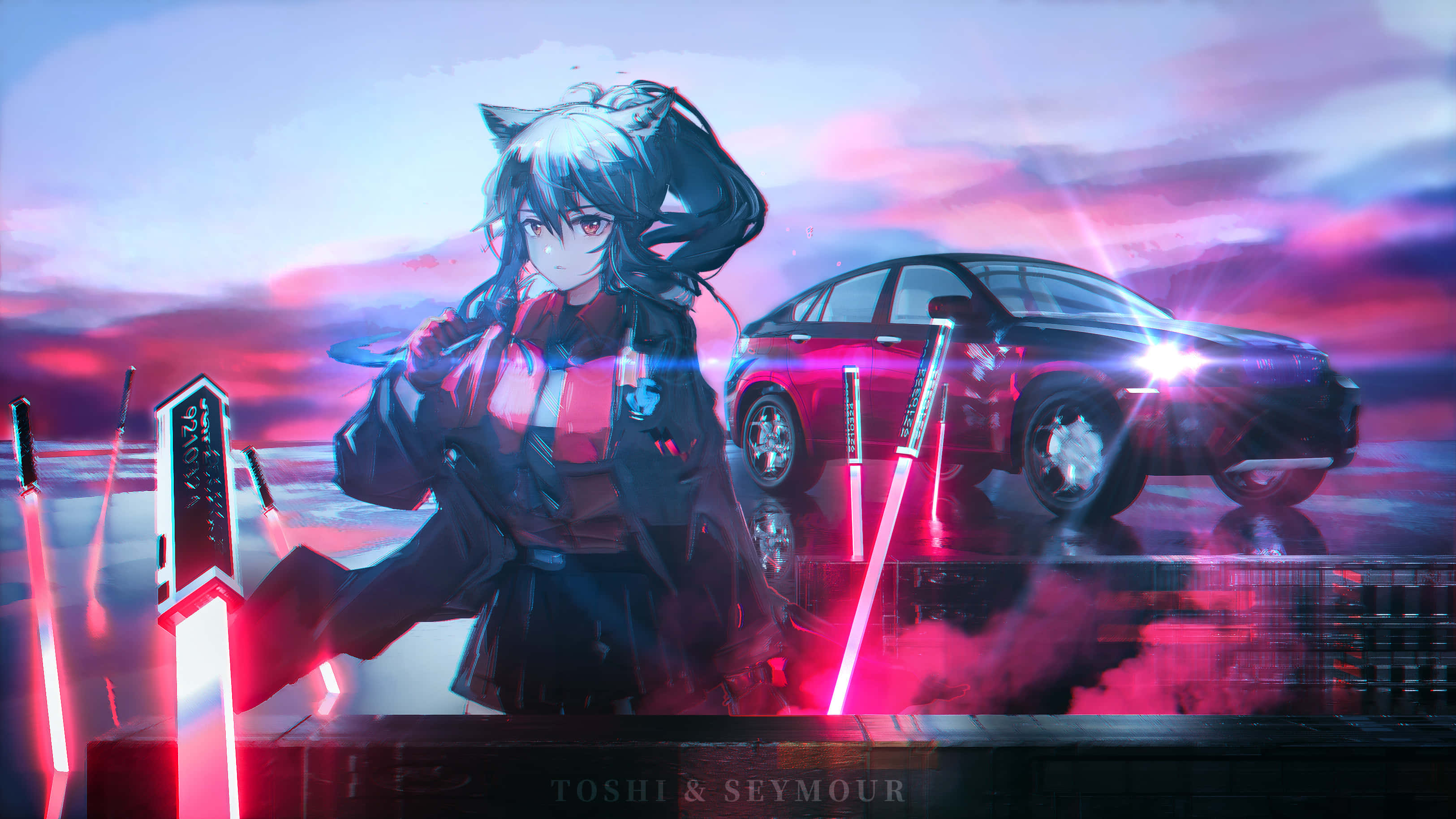 Arknights 4K, cyberpunk anime girl, cat ears, 2K Desktop Wallpaper