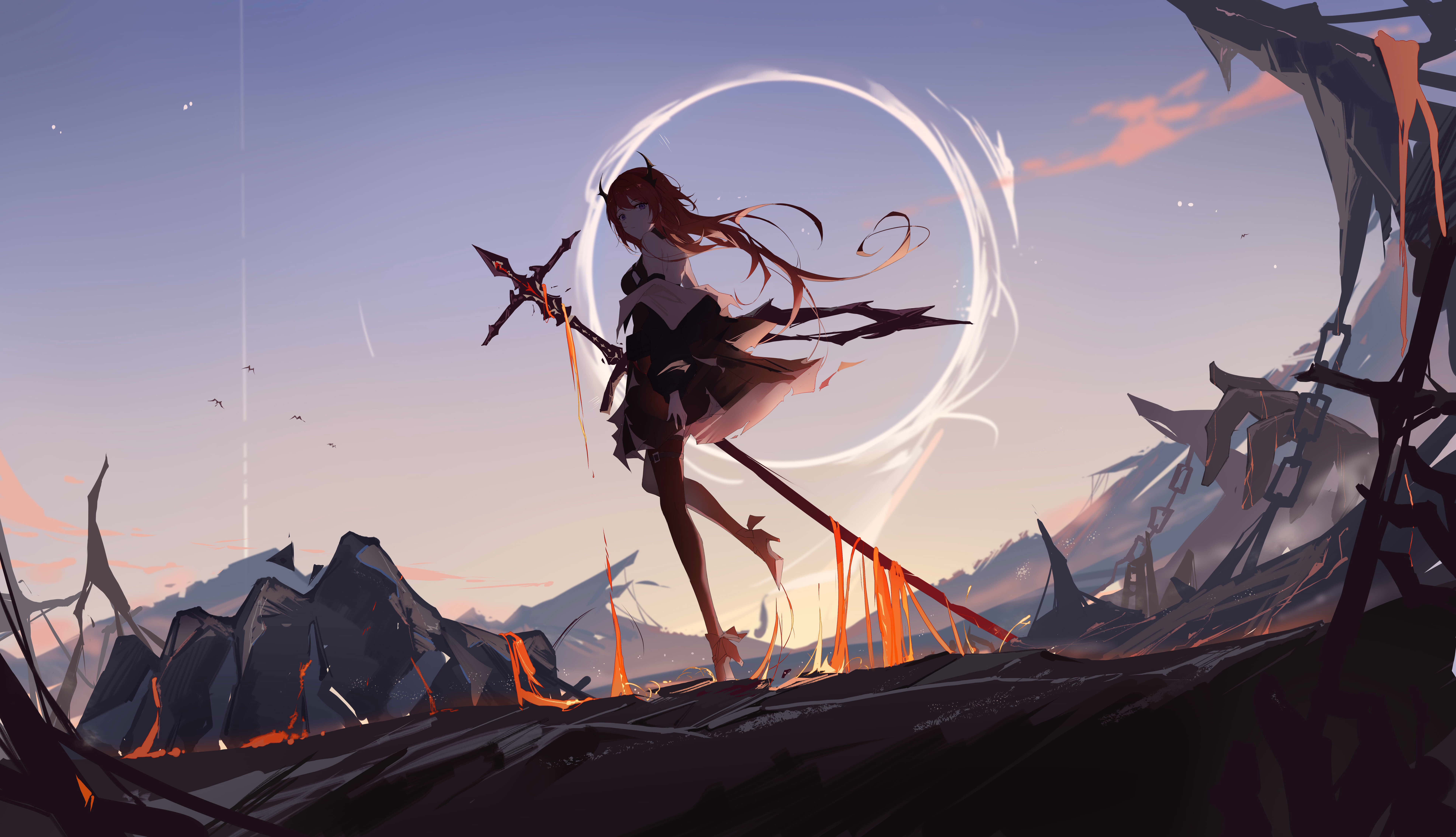 Arknights 4K, red-haired anime warrior, glowing sword, 8K Desktop Wallpaper