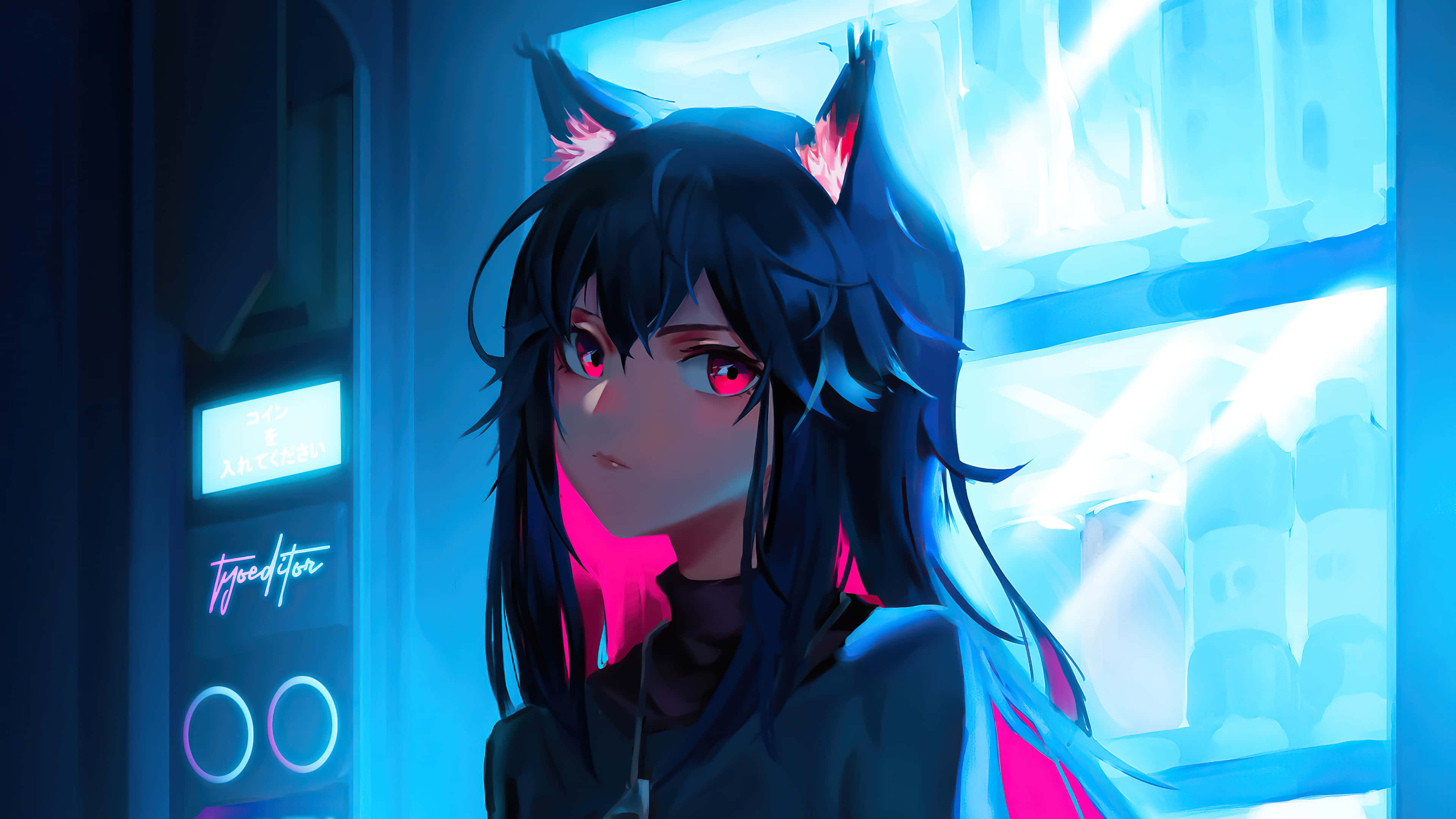 Arknights 4K, cyberpunk anime girl, glowing red eyes, 4K Desktop Wallpaper
