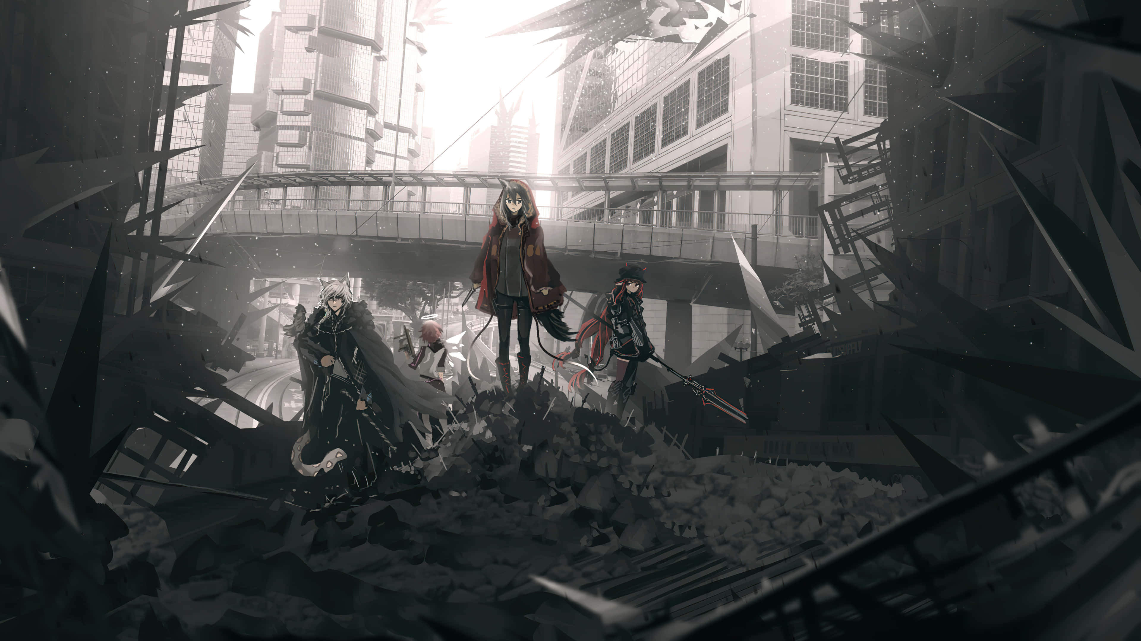 Arknights 4K, anime characters, shattered futuristic cityscape, 4K Desktop Wallpaper